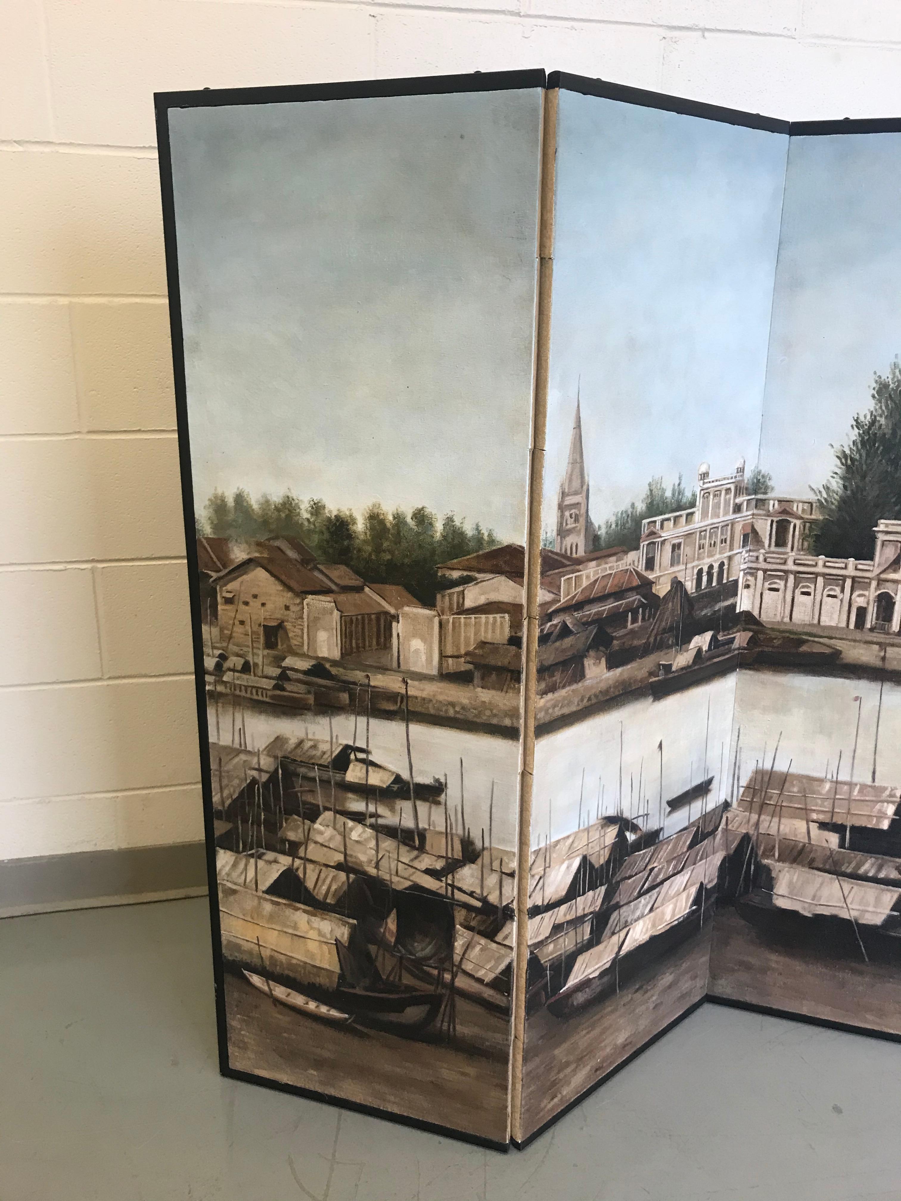 Singapore River Six-Panel Painting Screen by Chen Yong Jun In Good Condition For Sale In Lake Success, NY