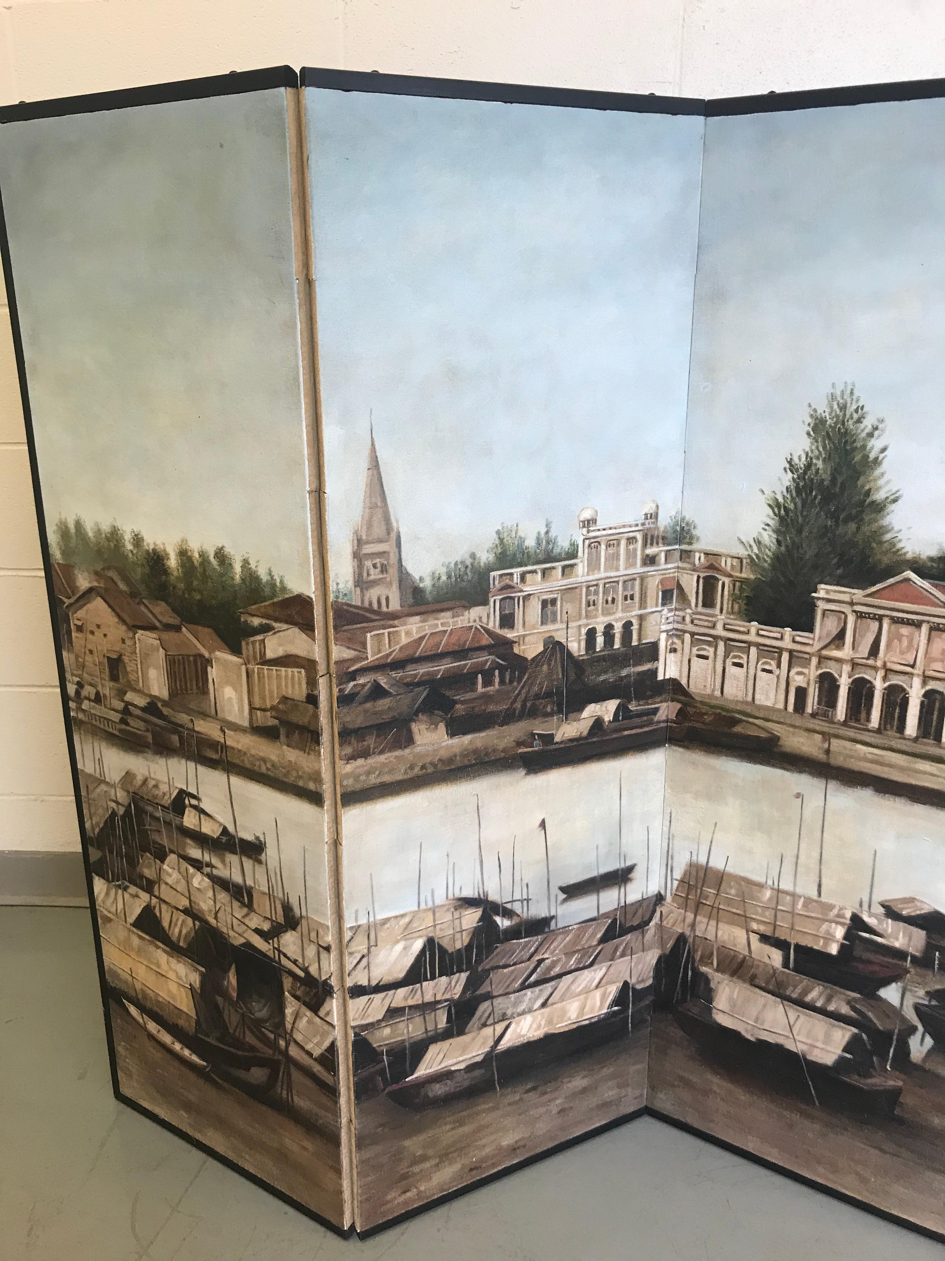 Late 20th Century Singapore River Six-Panel Painting Screen by Chen Yong Jun For Sale