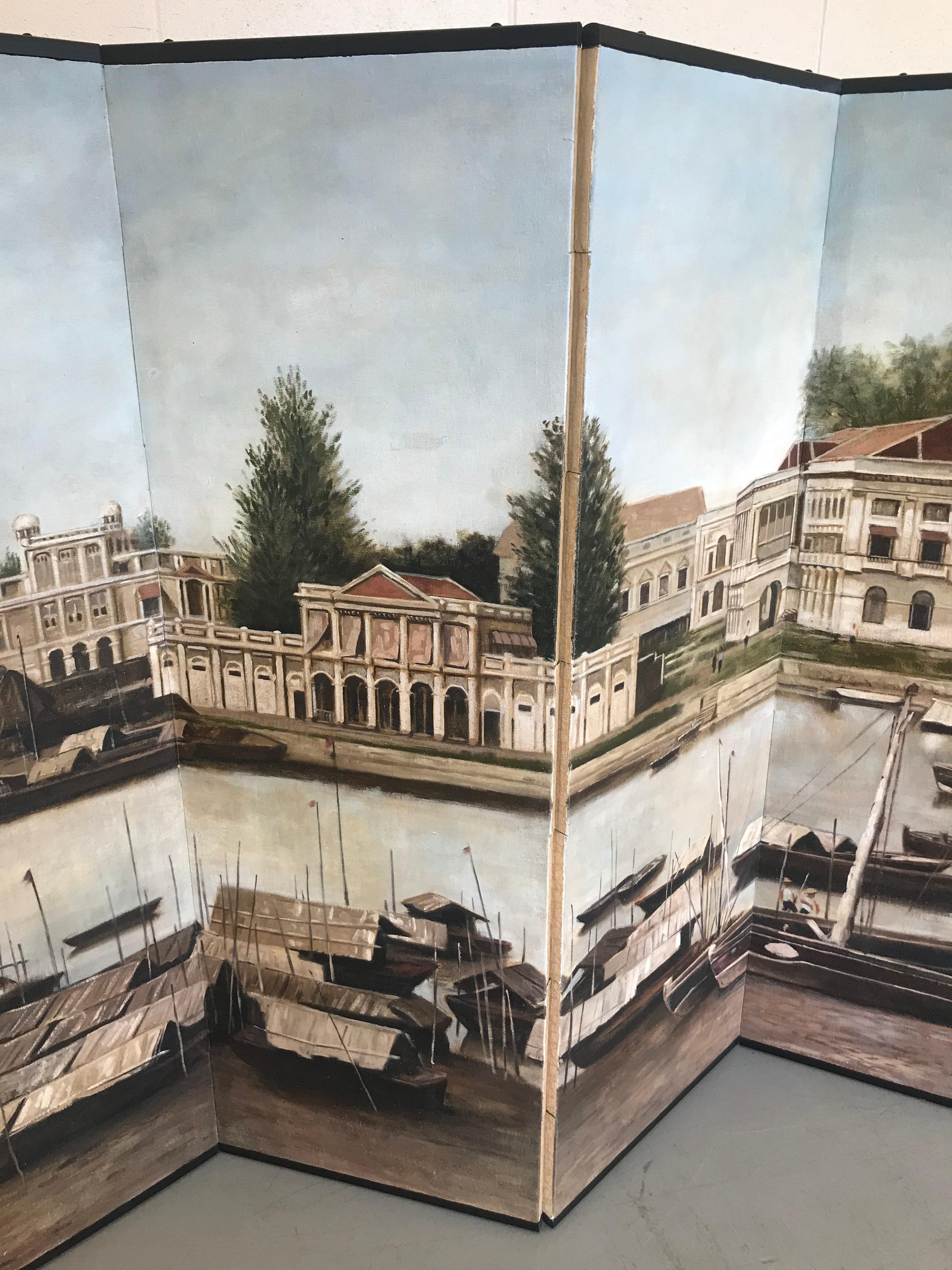 Canvas Singapore River Six-Panel Painting Screen by Chen Yong Jun For Sale