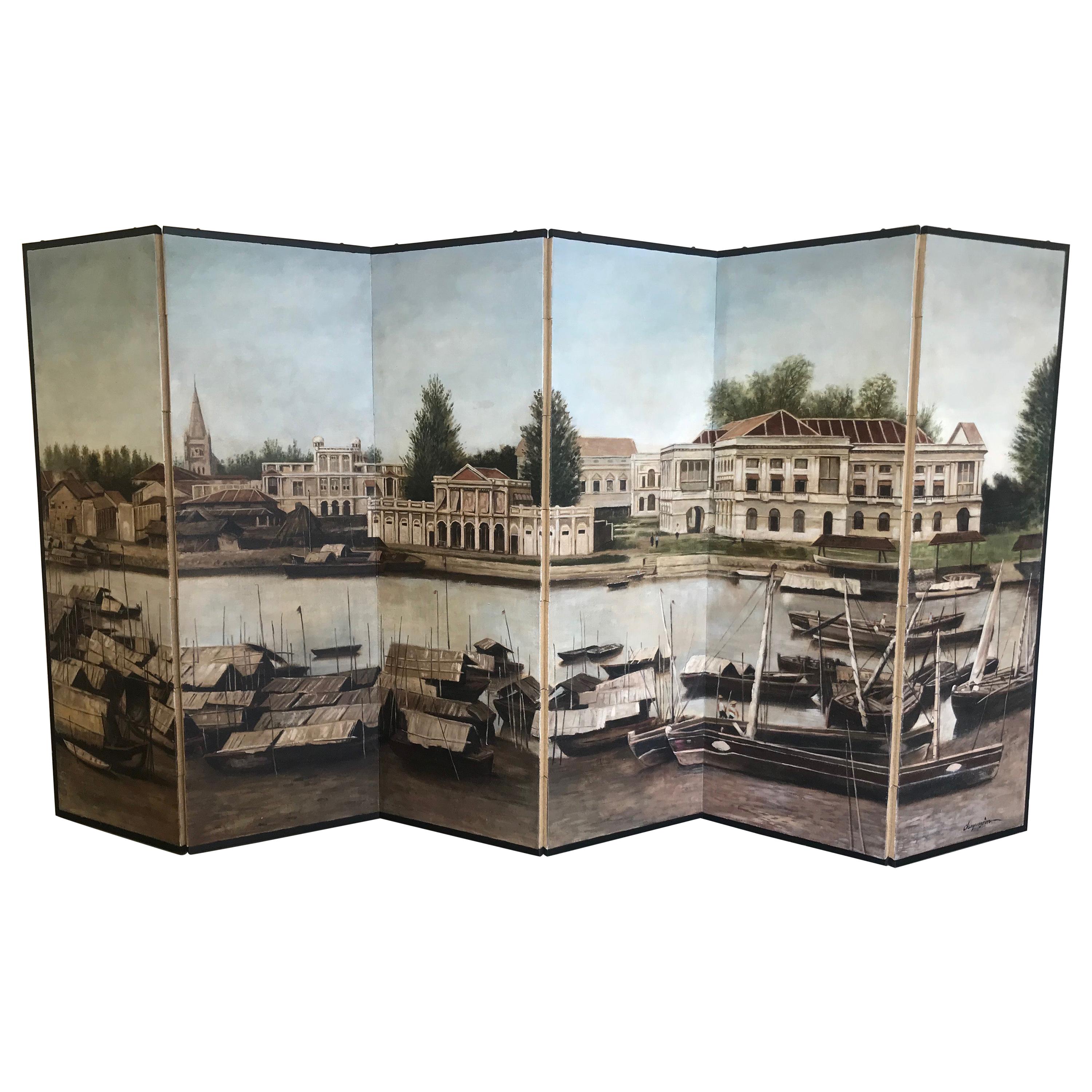 Singapore River Six-Panel Painting Screen by Chen Yong Jun For Sale
