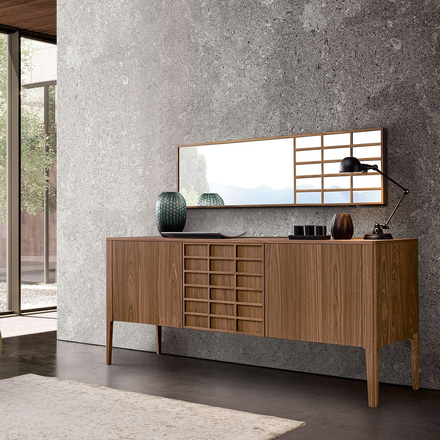 This sideboard features 3 wooden doors and 3 glass shelves with integrated wooden handles and push pull mechanism. It is curated with Havana finish.