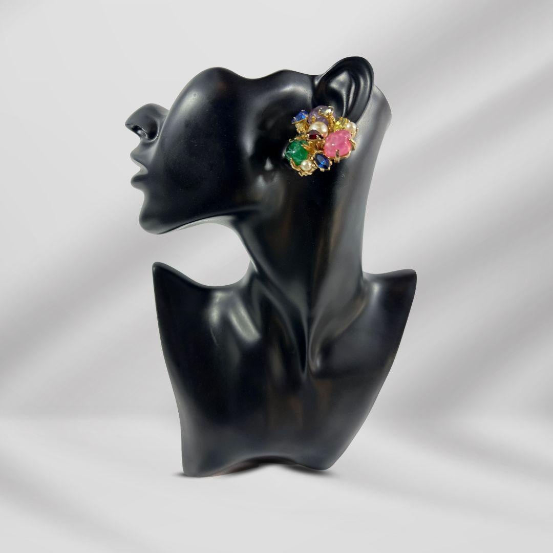 Women's Singed Ballet Rare Unique Vintage Multi Color Glass & Pearl Clip On Earrings For Sale
