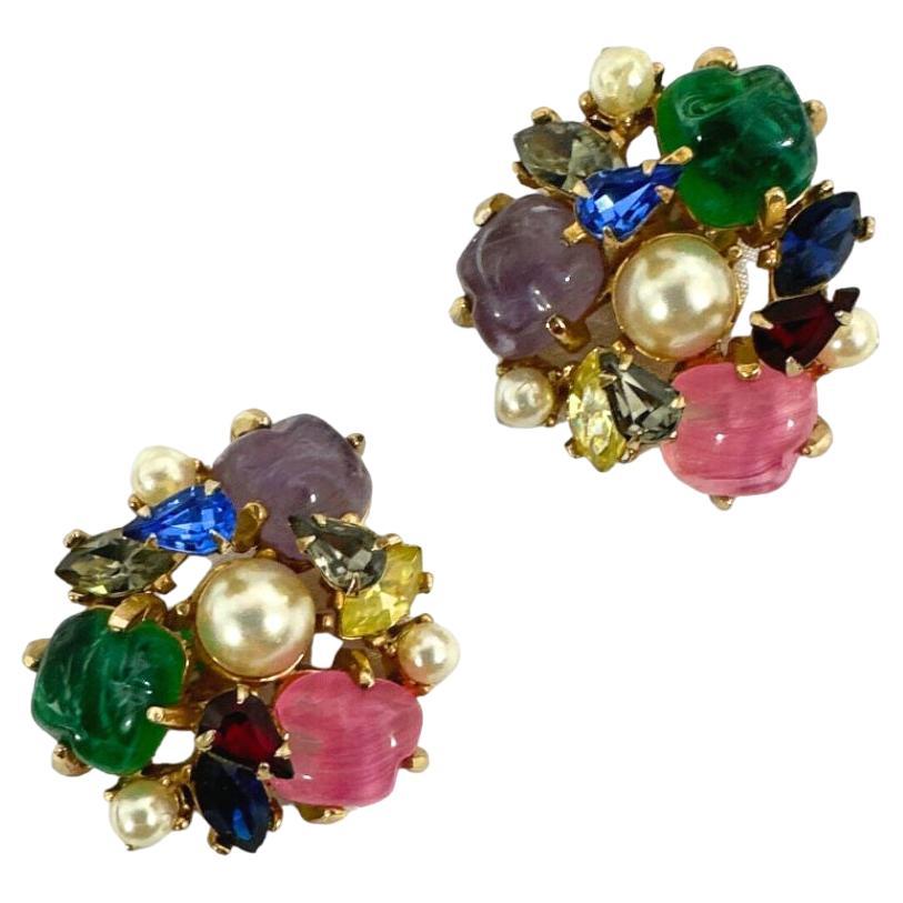 Singed Ballet Rare Unique Vintage Multi Color Glass & Pearl Clip On Earrings For Sale