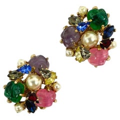 Singed Ballet Rare Unique Vintage Multi Color Glass & Pearl Clip On Earrings
