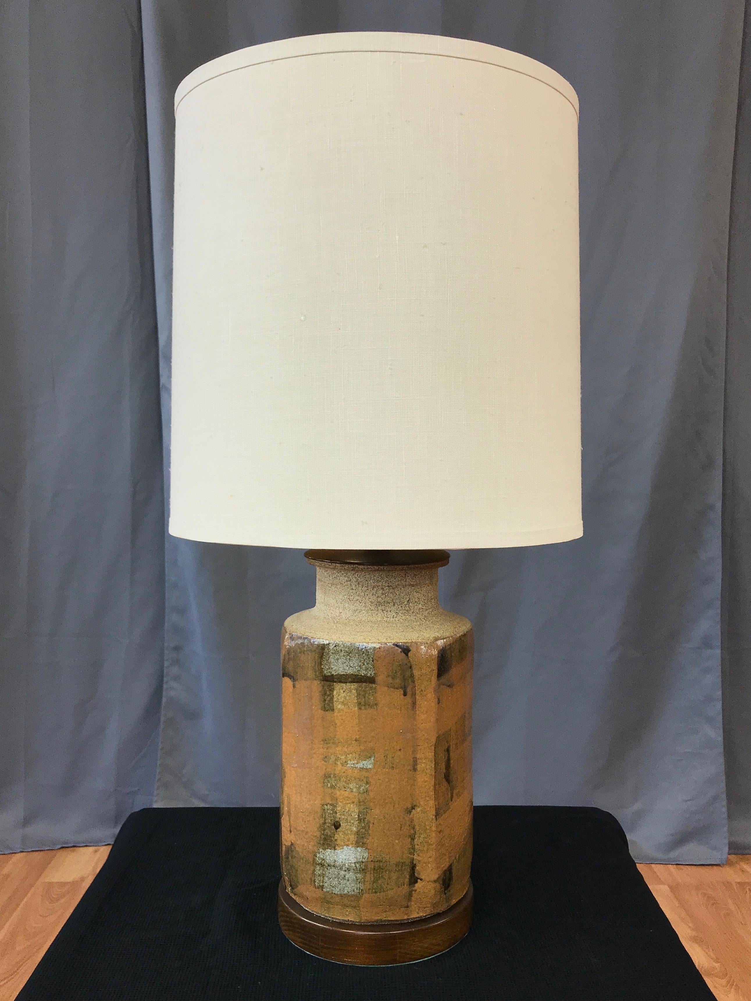 Signed Brent Bennett Glazed Stoneware and Walnut Table Lamp, 1960s 5