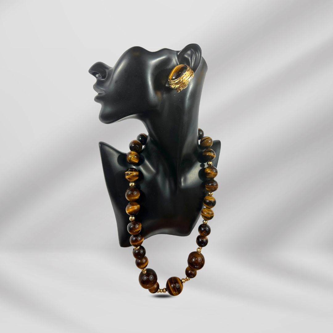 Singed Ciner Tiger Eye Gemstone Necklace Earring Set Fashion Jewelry In Excellent Condition For Sale In Jacksonville, FL
