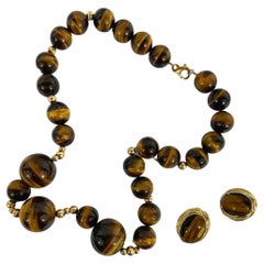 Singed Ciner Tiger Eye Gemstone Necklace Earring Set Fashion Jewelry