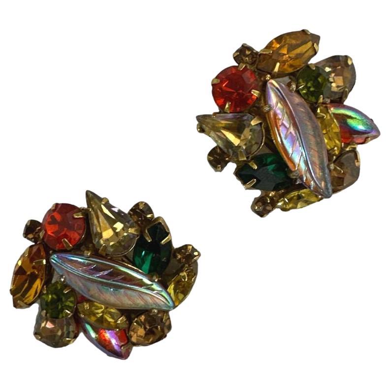 Singed Karmer Earrings Vintage Multi Color Rhinestone Clip on Round Earrings  For Sale