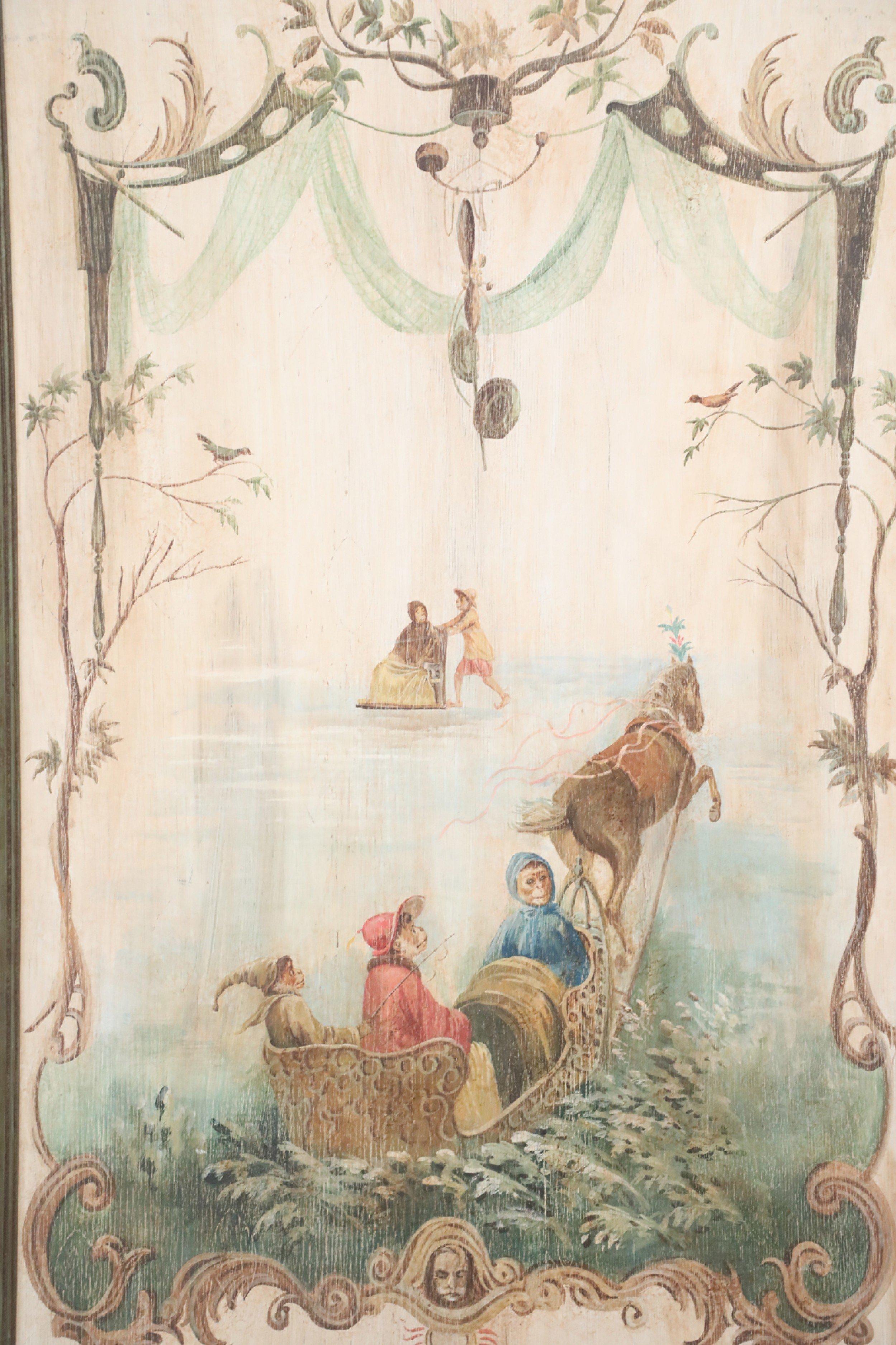 Vintage (20th Century) singerie depicting monkeys in a horse-drawn carriage surrounded by an ornate foliate border painted on weathered wood in a rectangular green, washed wooden frame.
 