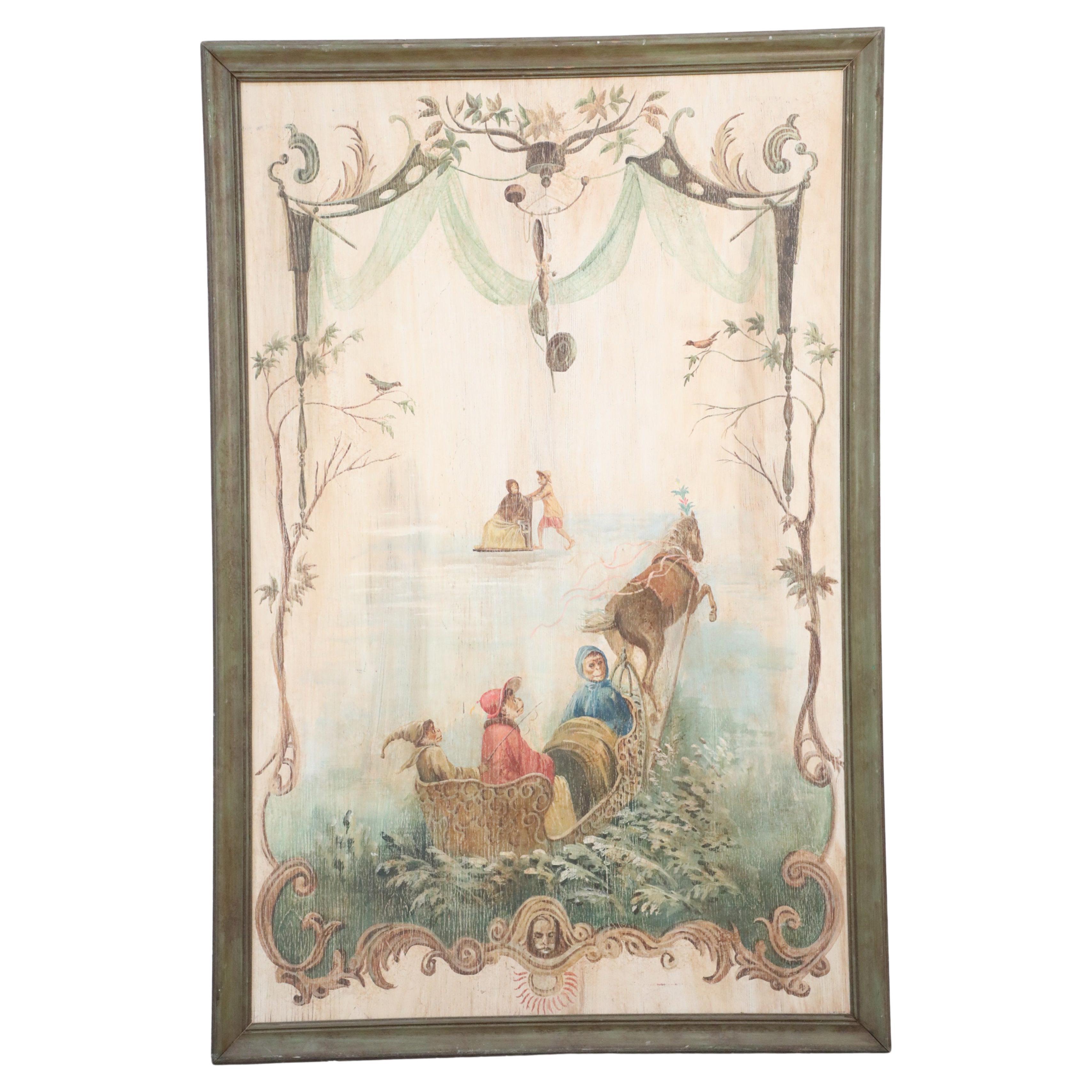 Singerie Carriage Painting on Wood For Sale