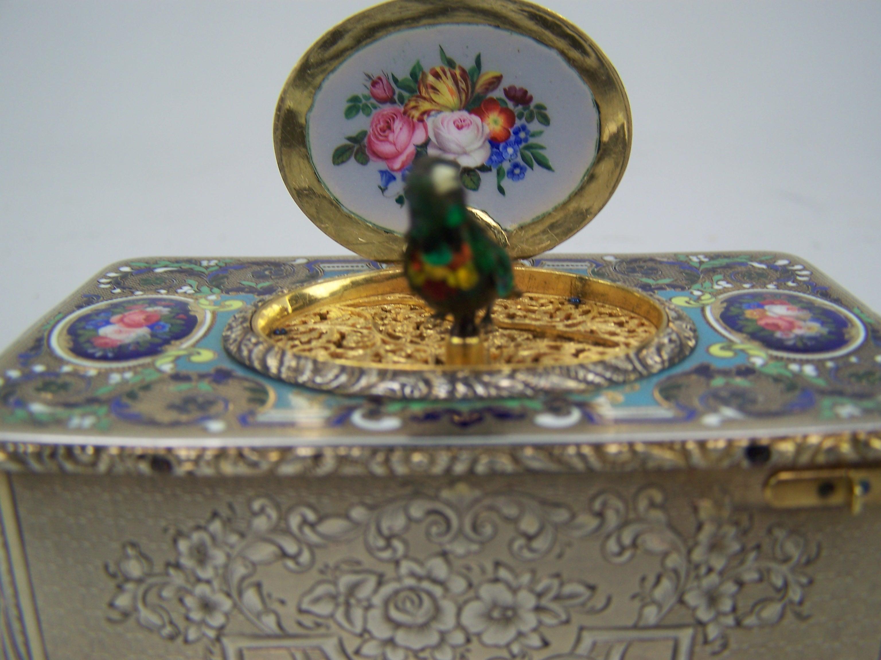 Singing bird box by Bruguier in silver case with enamel to top and lid For Sale 5