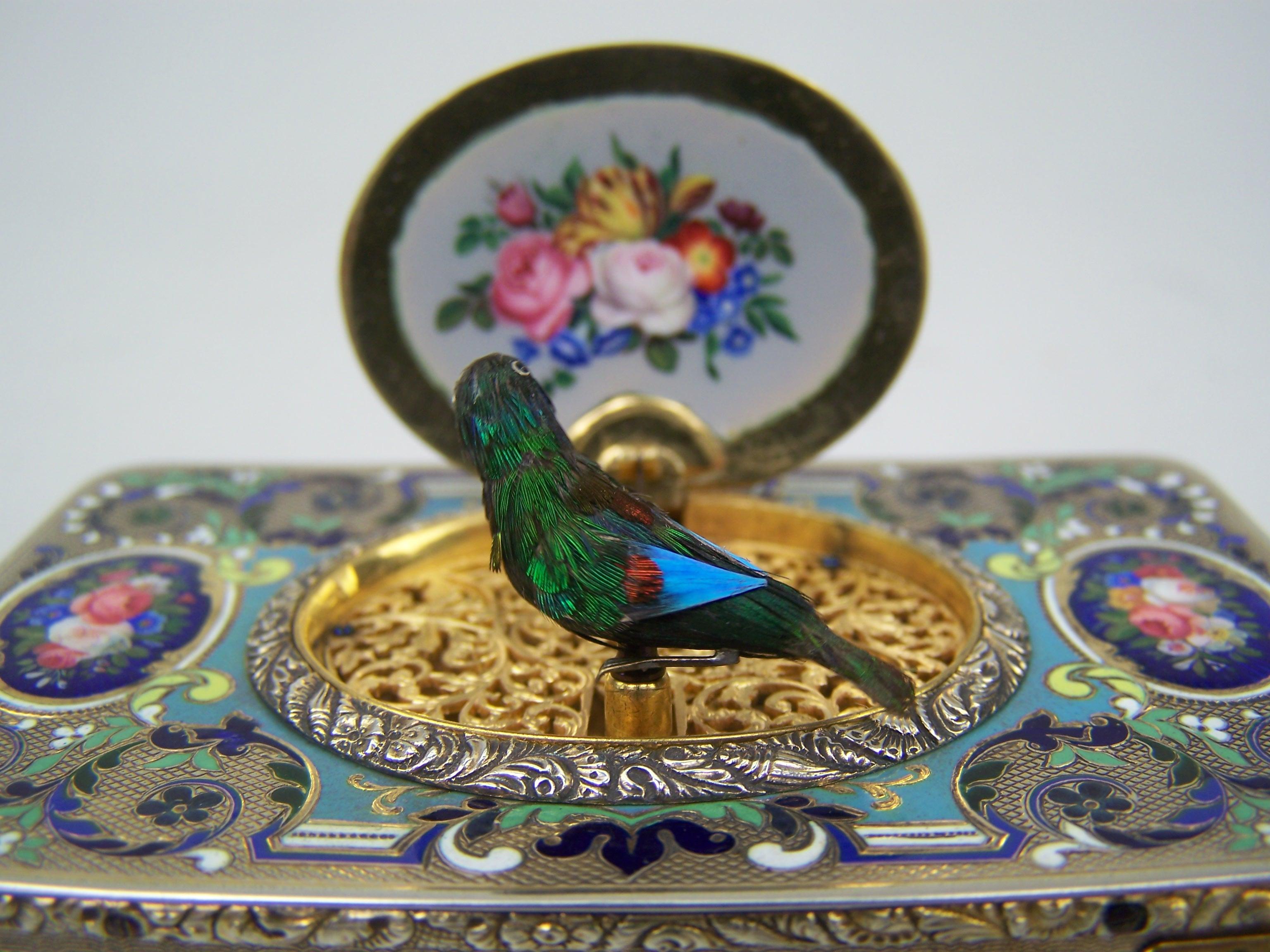 Singing bird box by Bruguier in silver case with enamel to top and lid For Sale 6
