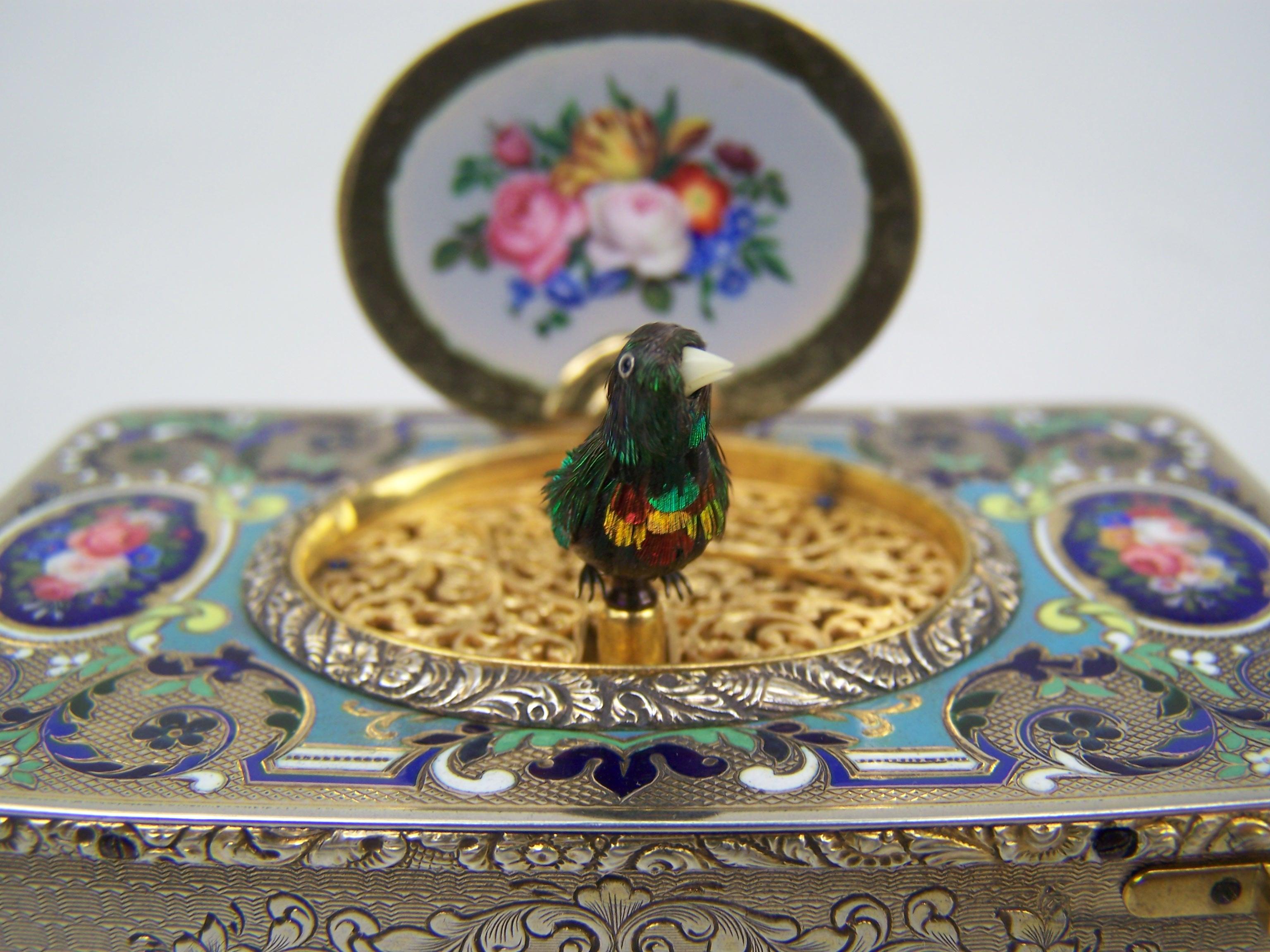 Singing bird box by Bruguier in silver case with enamel to top and lid For Sale 7