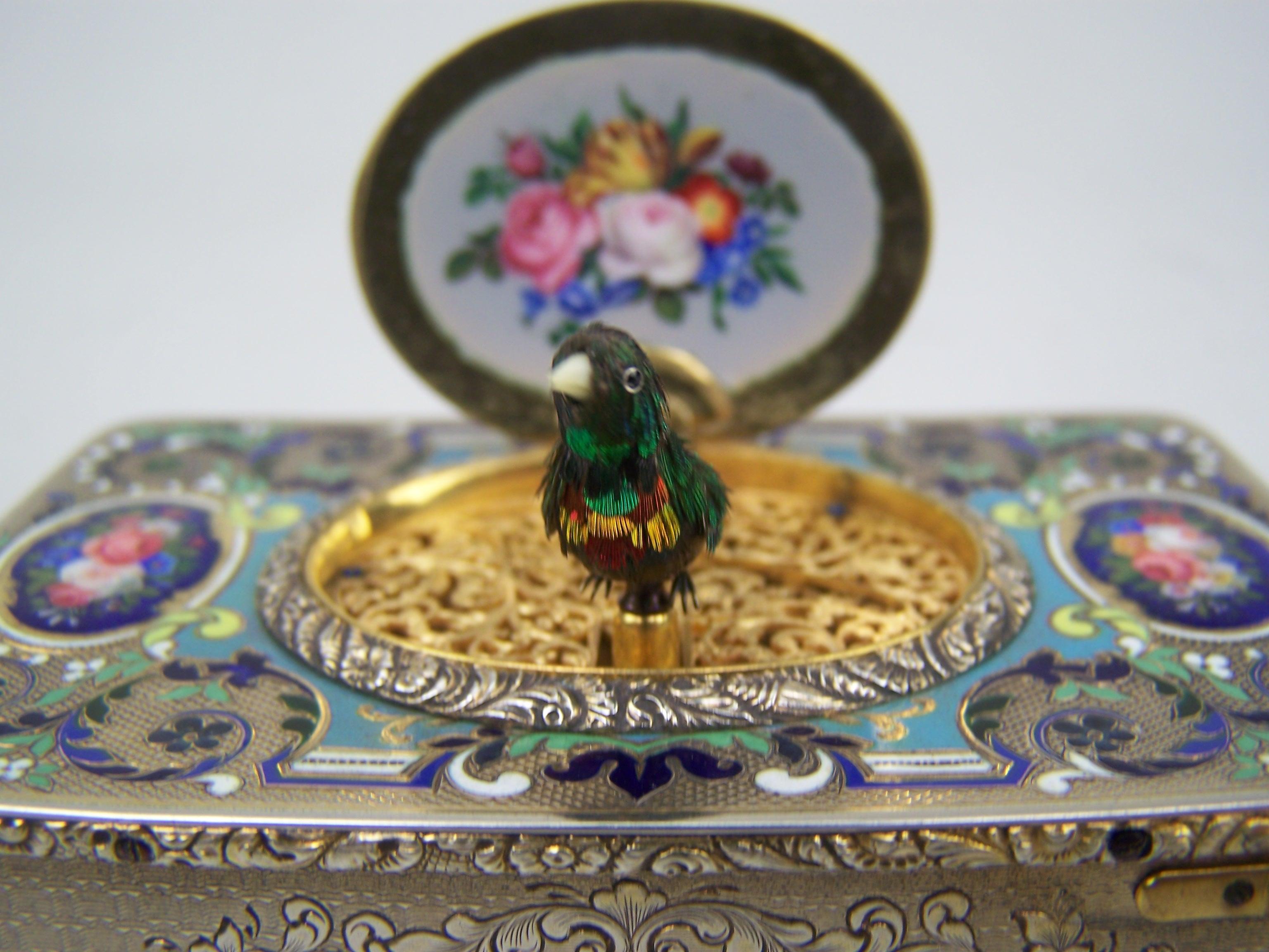 Singing bird box by Bruguier in silver case with enamel to top and lid For Sale 8