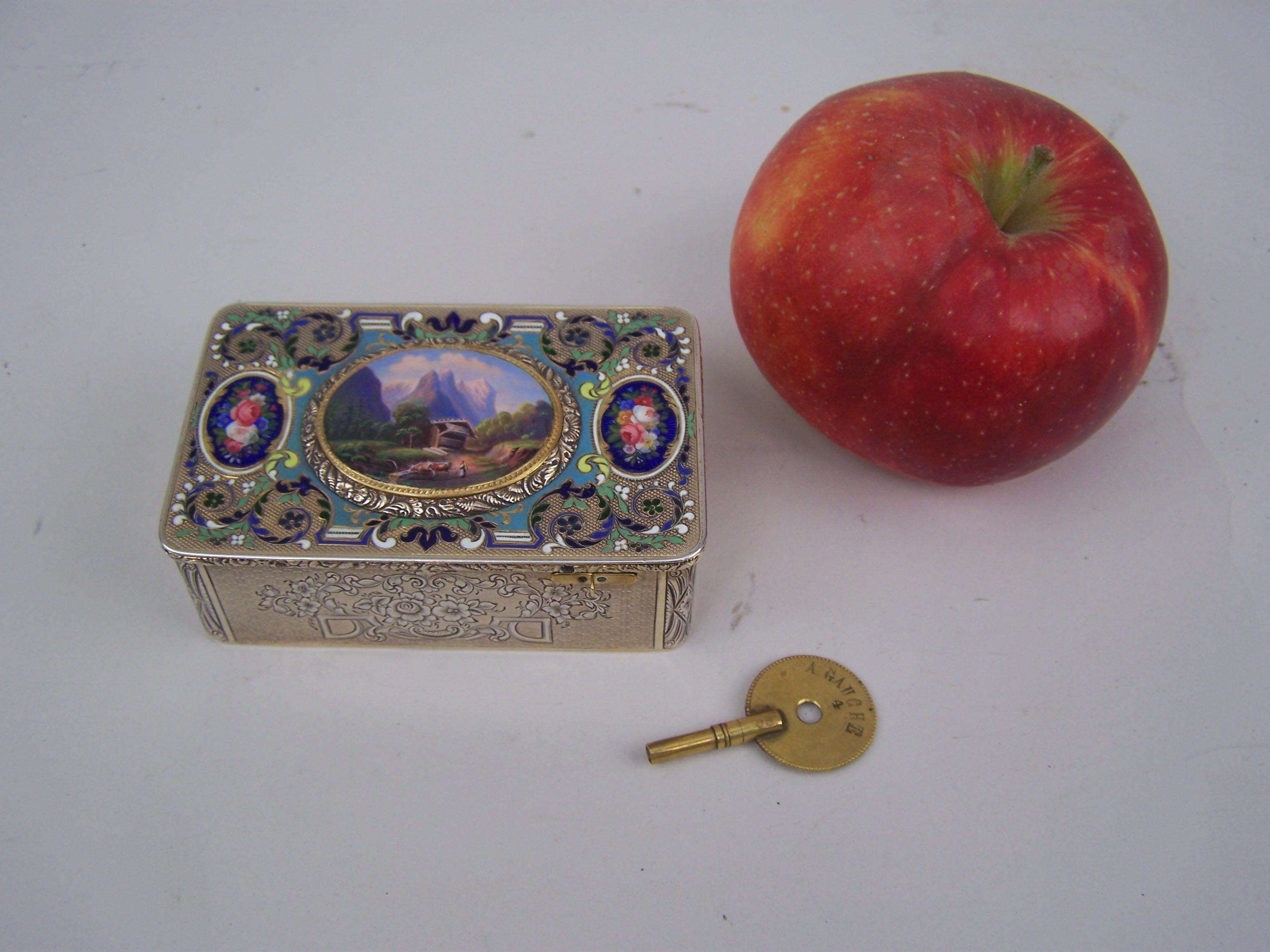 Rectangular silver guilded case with rounded corners. 
The oval lid has an enamel painting on the exterior of a mountain view and on the interior brightly enamelled with flower bouquets on a turquoise ground. When activated the lid opens to reveal 