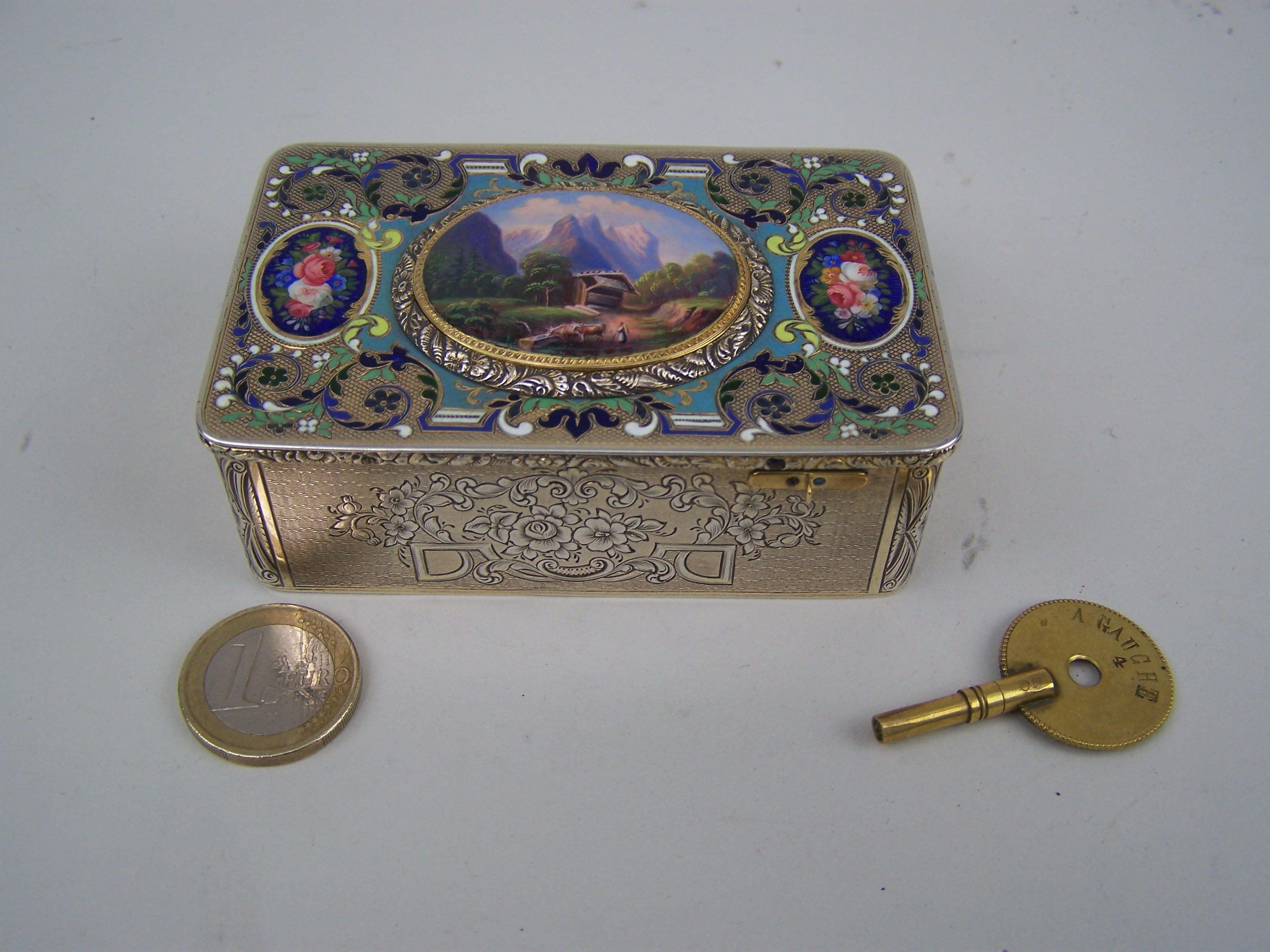 Late Victorian Singing bird box by Bruguier in silver case with enamel to top and lid For Sale