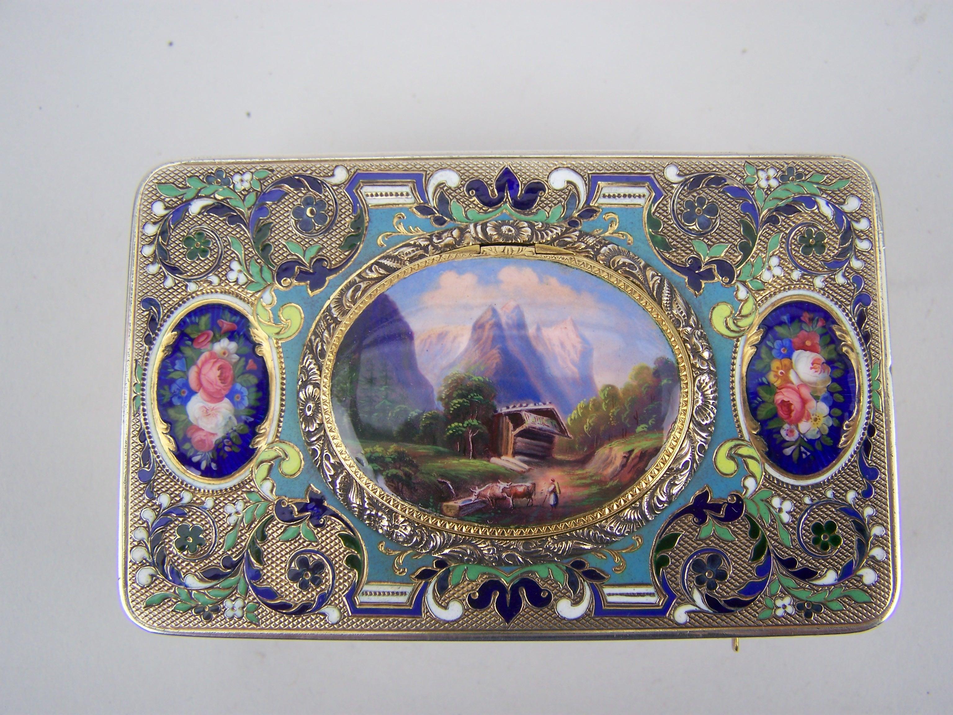Swiss Singing bird box by Bruguier in silver case with enamel to top and lid For Sale