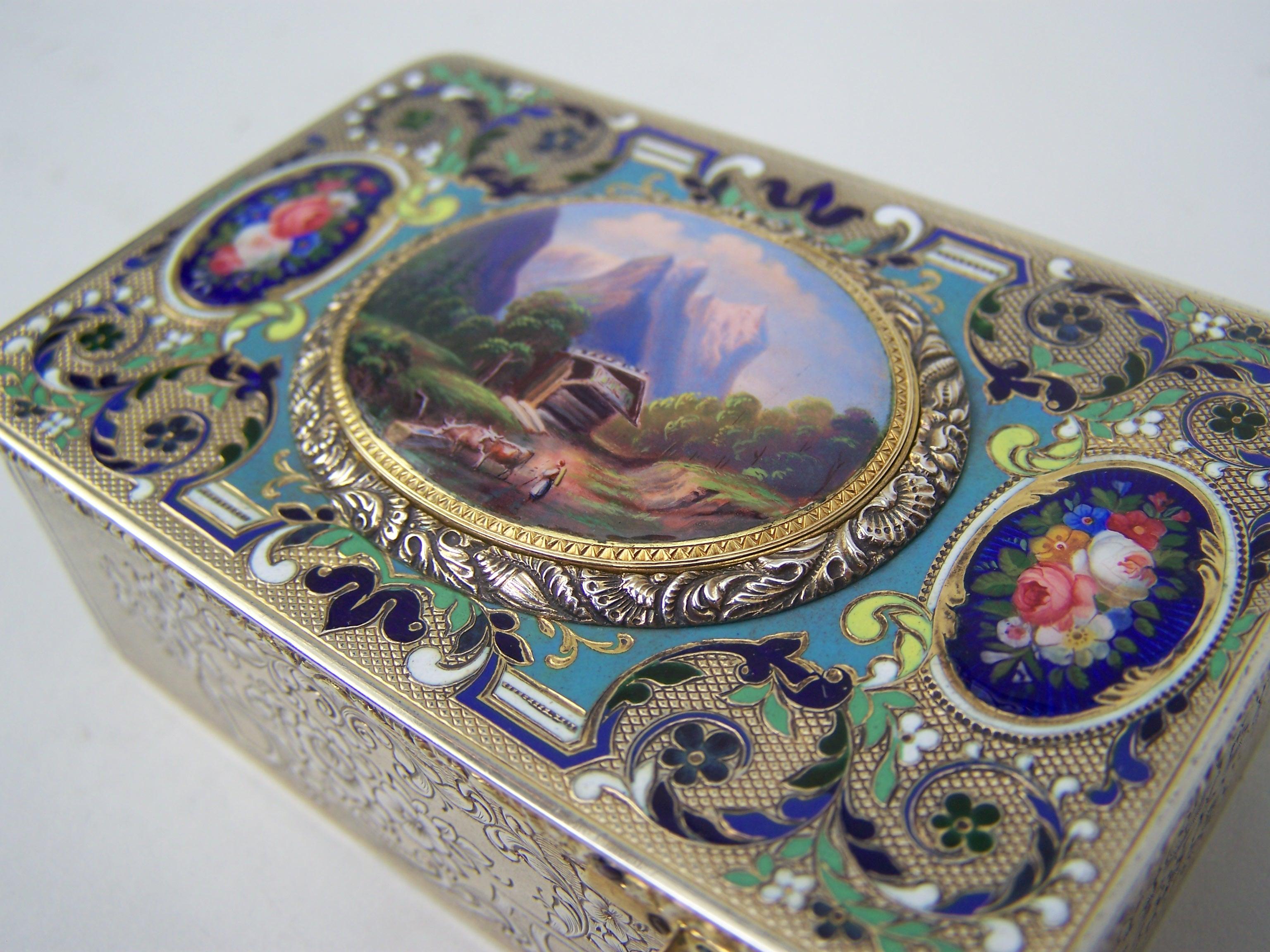 Engraved Singing bird box by Bruguier in silver case with enamel to top and lid For Sale