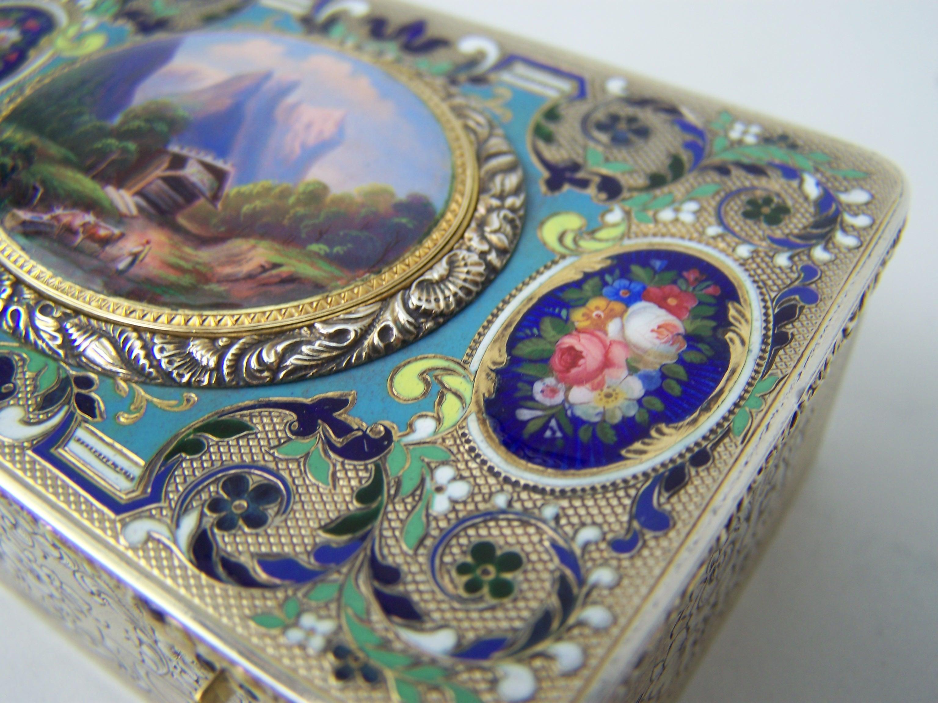 Swiss Singing bird box by Bruguier in silver case with enamel to top and lid For Sale