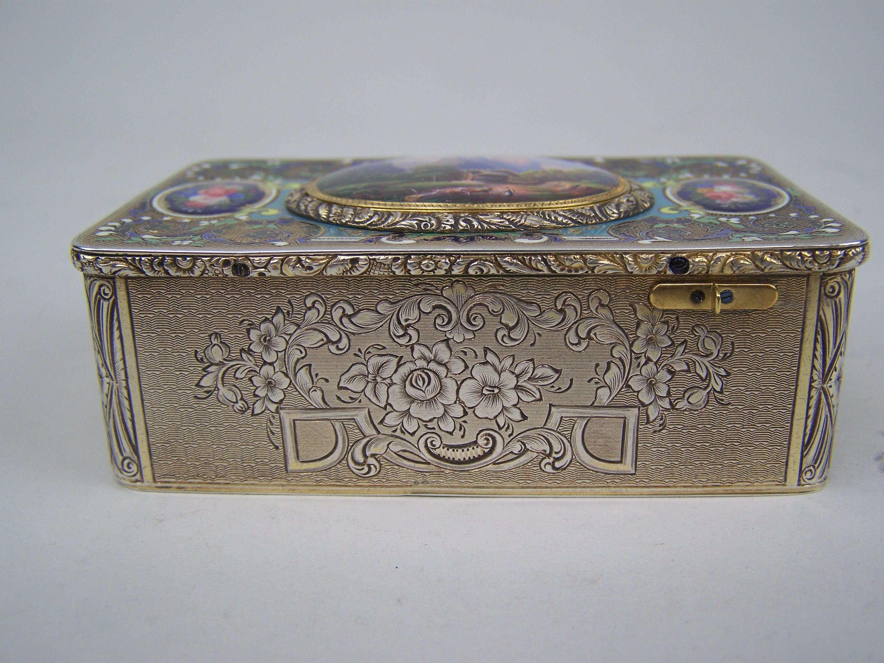 19th Century Singing bird box by Bruguier in silver case with enamel to top and lid For Sale