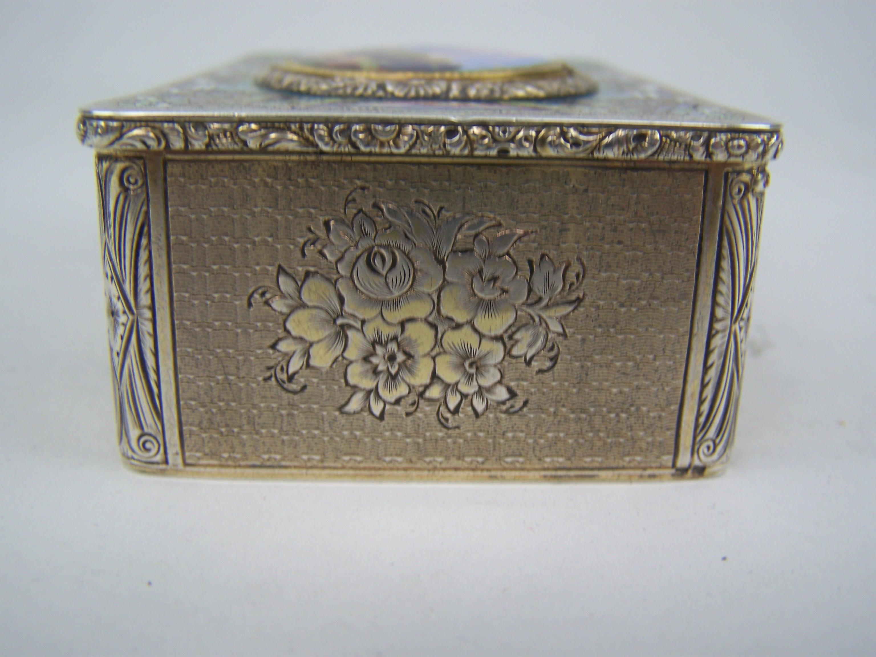 Metal Singing bird box by Bruguier in silver case with enamel to top and lid For Sale