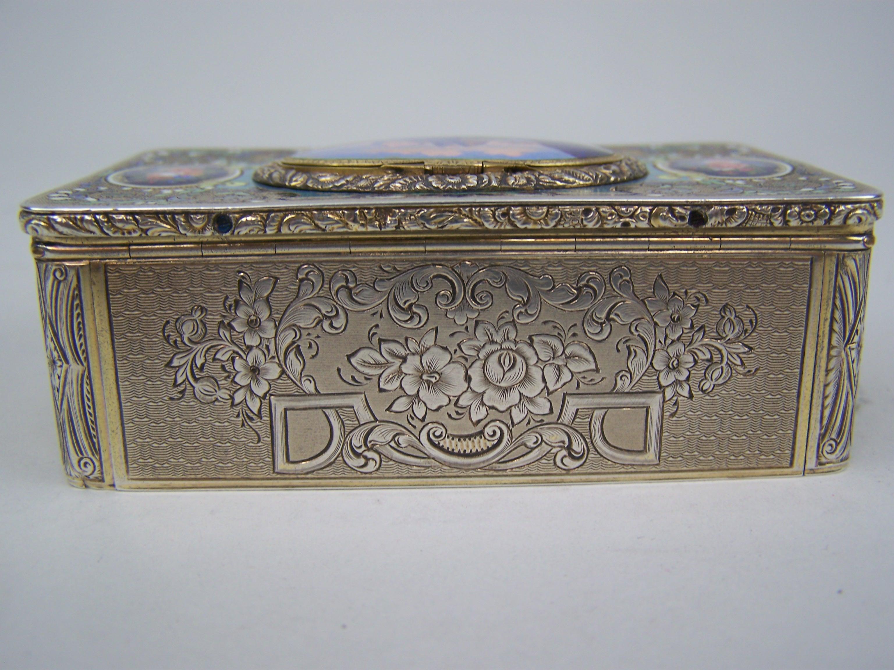 Singing bird box by Bruguier in silver case with enamel to top and lid For Sale 1