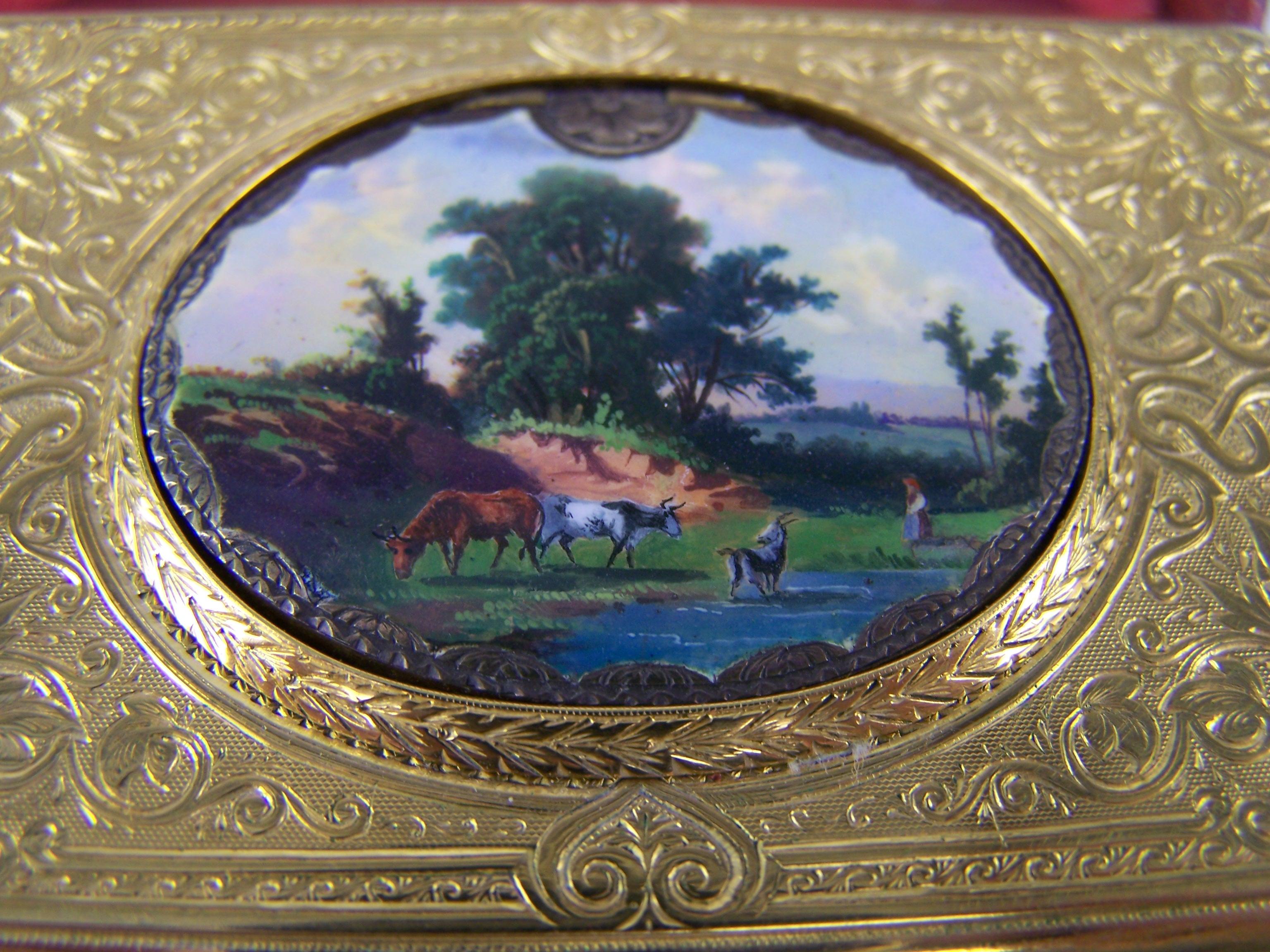 Late Victorian Singing bird box by Bruguier in guilded case with enameled  lid For Sale