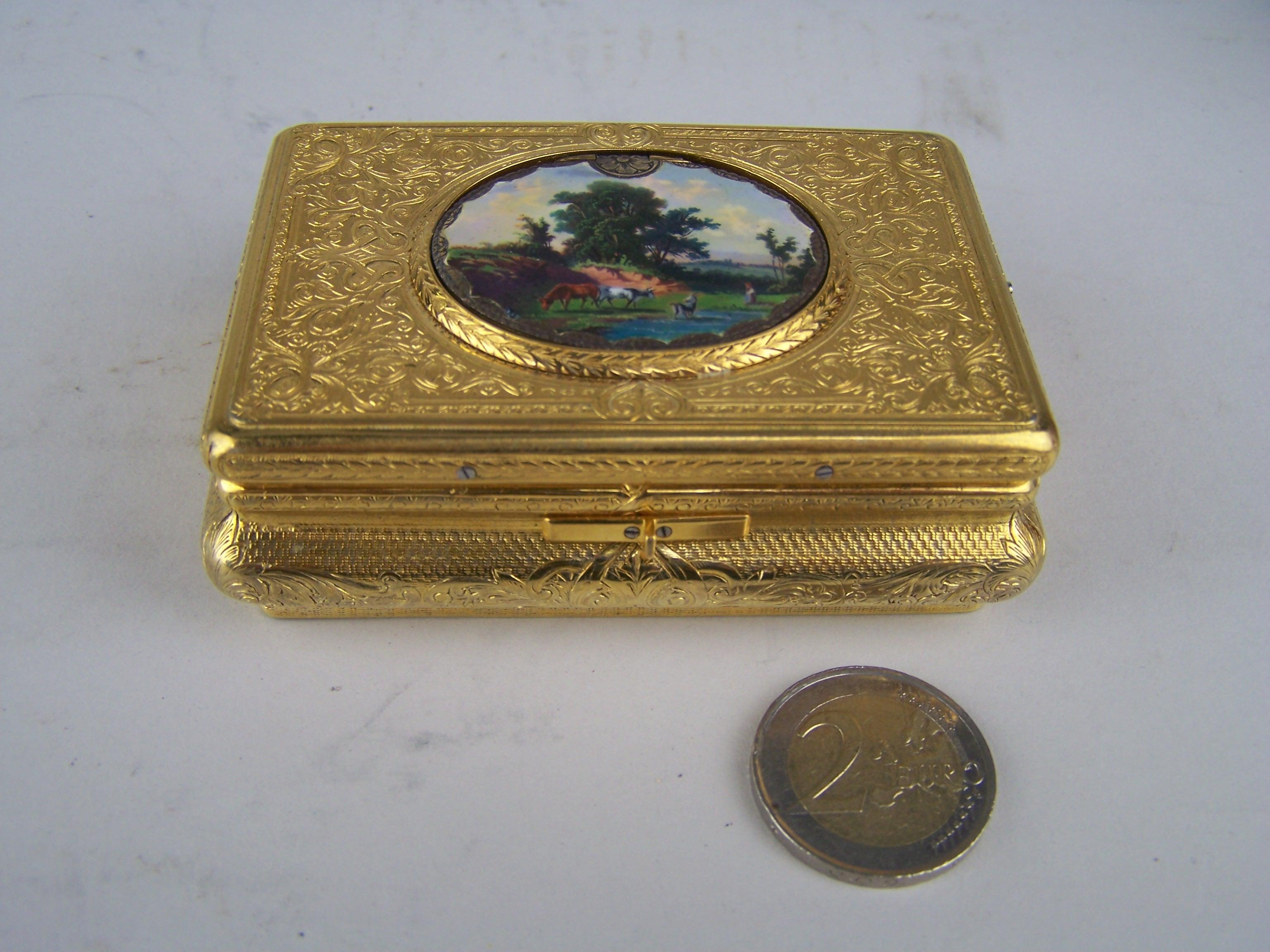 Swiss Singing bird box by Bruguier in guilded case with enameled  lid For Sale