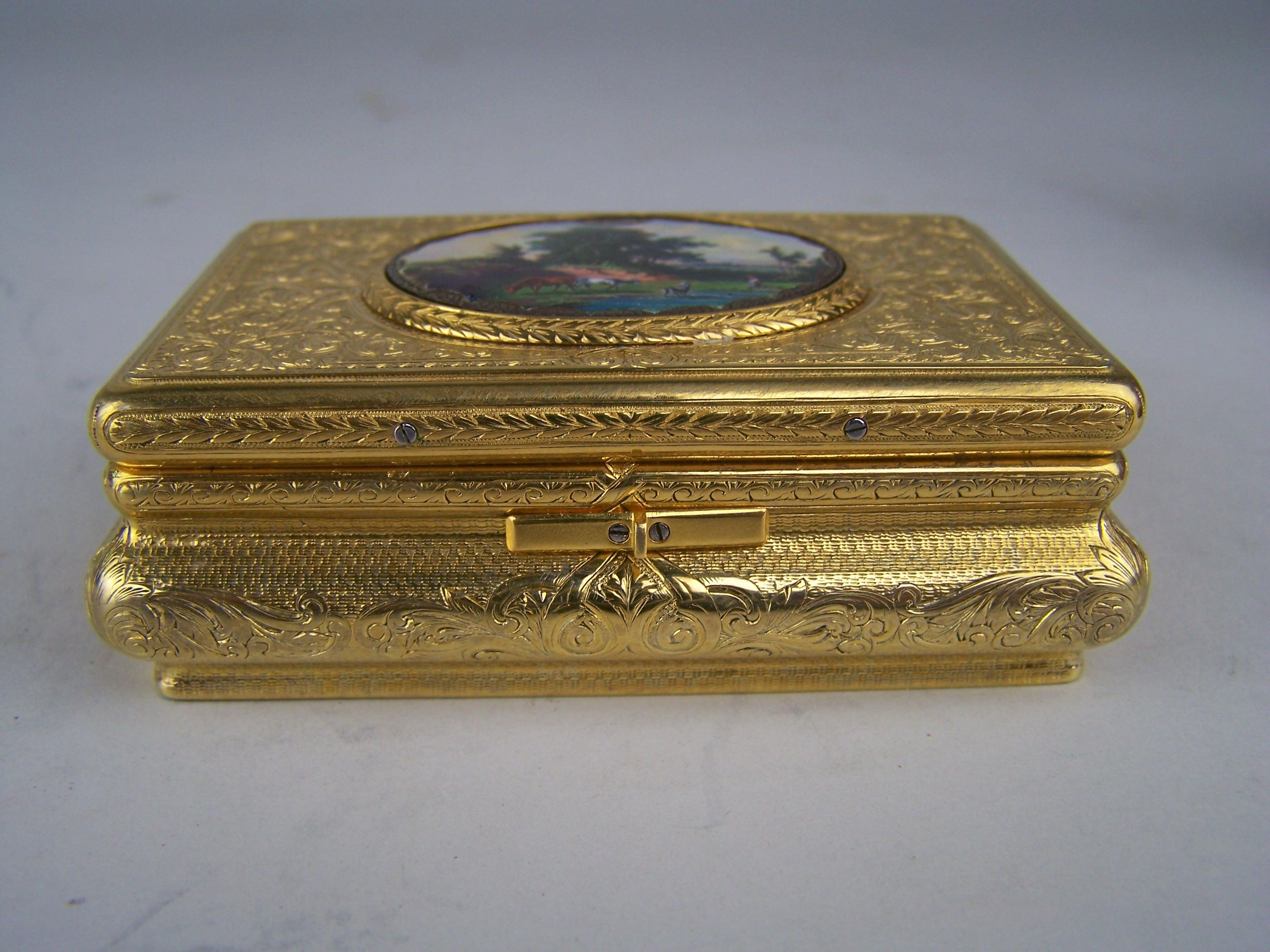 19th Century Singing bird box by Bruguier in guilded case with enameled  lid For Sale