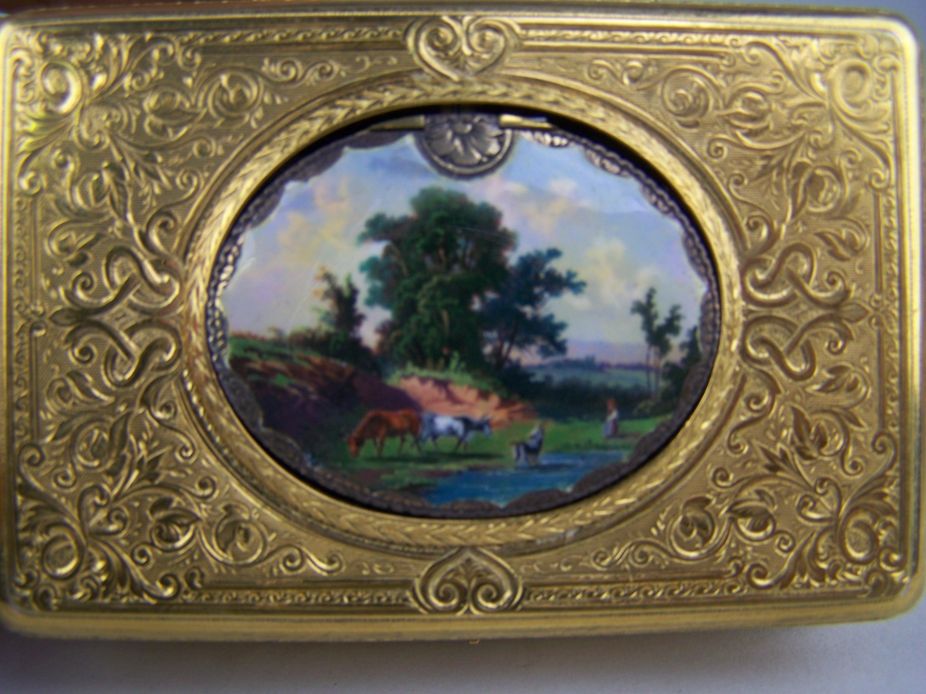 Metal Singing bird box by Bruguier in guilded case with enameled  lid For Sale