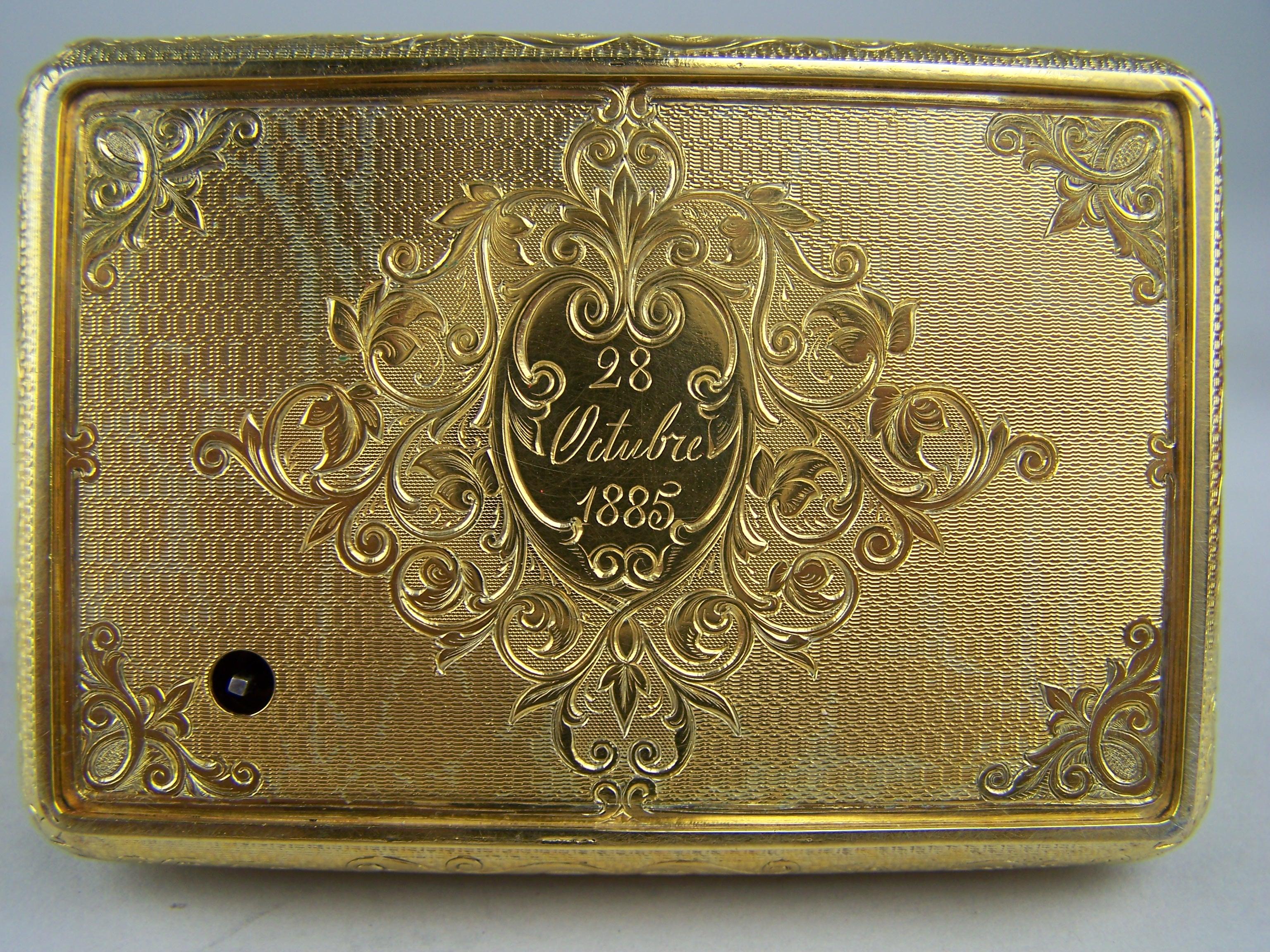 Singing bird box by Bruguier in guilded case with enameled  lid For Sale 1