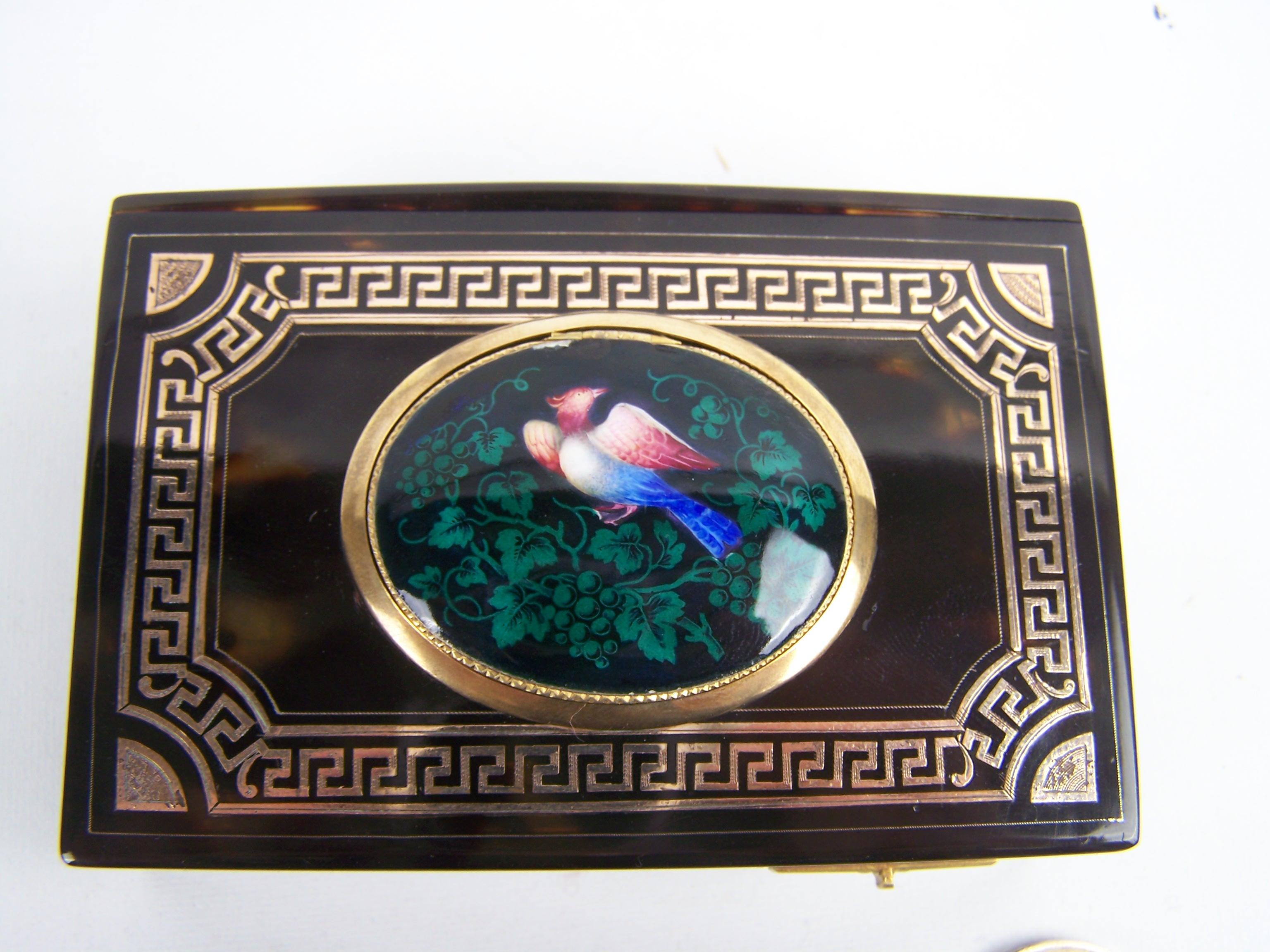 Caja para pájaros cantores de Jacques Bruguier Caja de carey con esmalte  tapa siglo XIX en venta