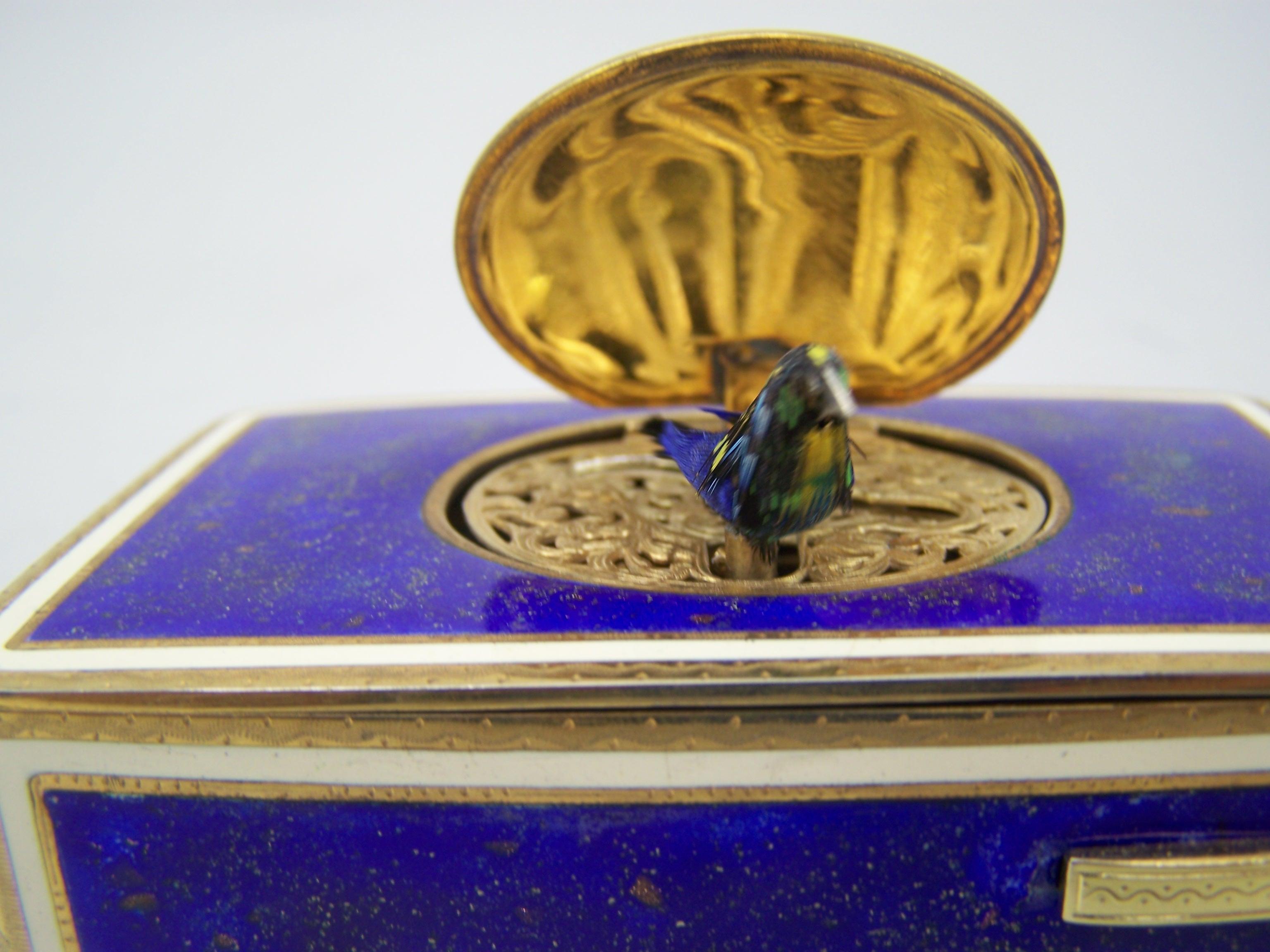 Singing bird box by K Griesbaum in guilded case and blue-goldflaked enamel 1