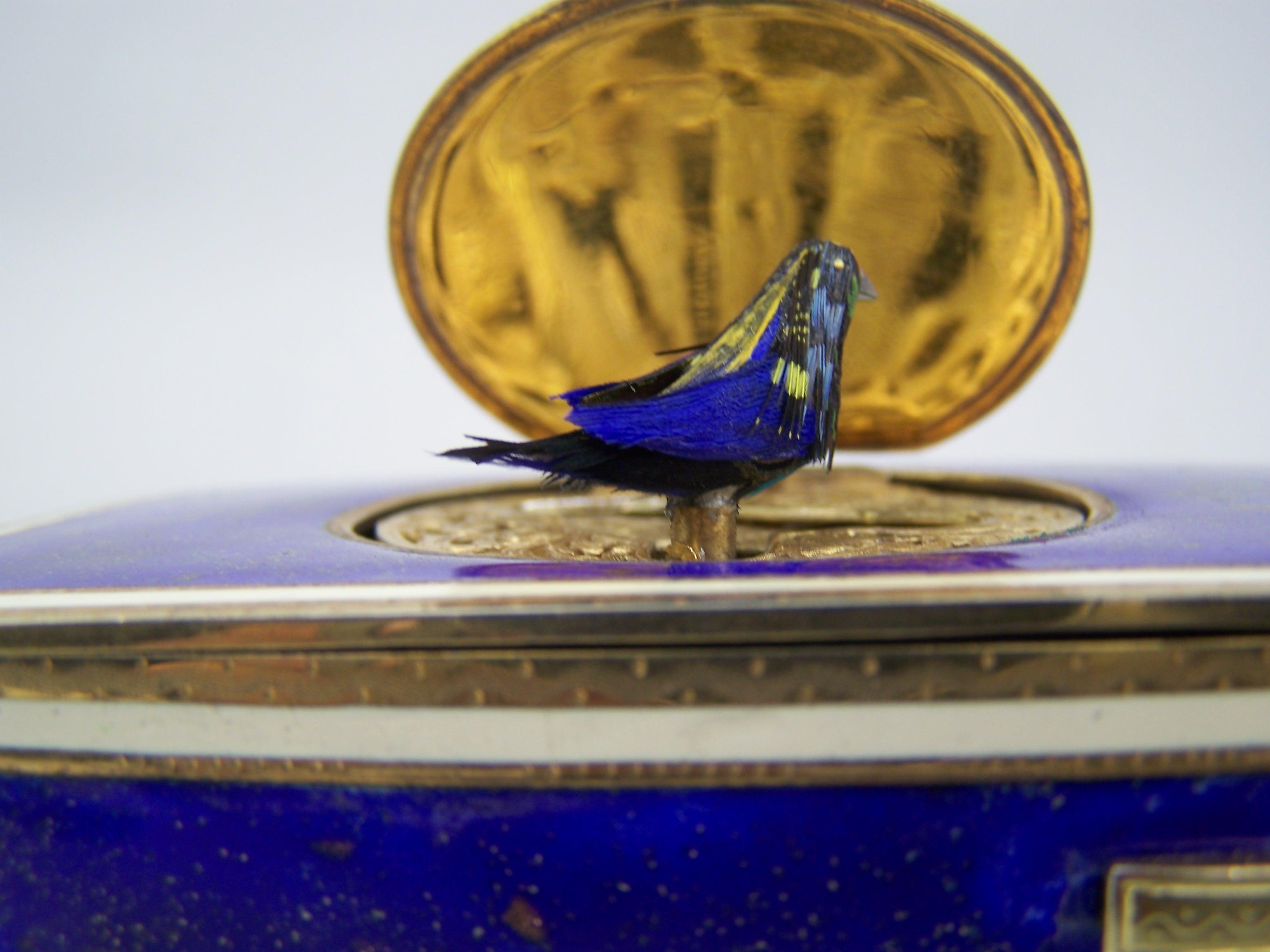 Singing bird box by K Griesbaum in guilded case and blue-goldflaked enamel 3