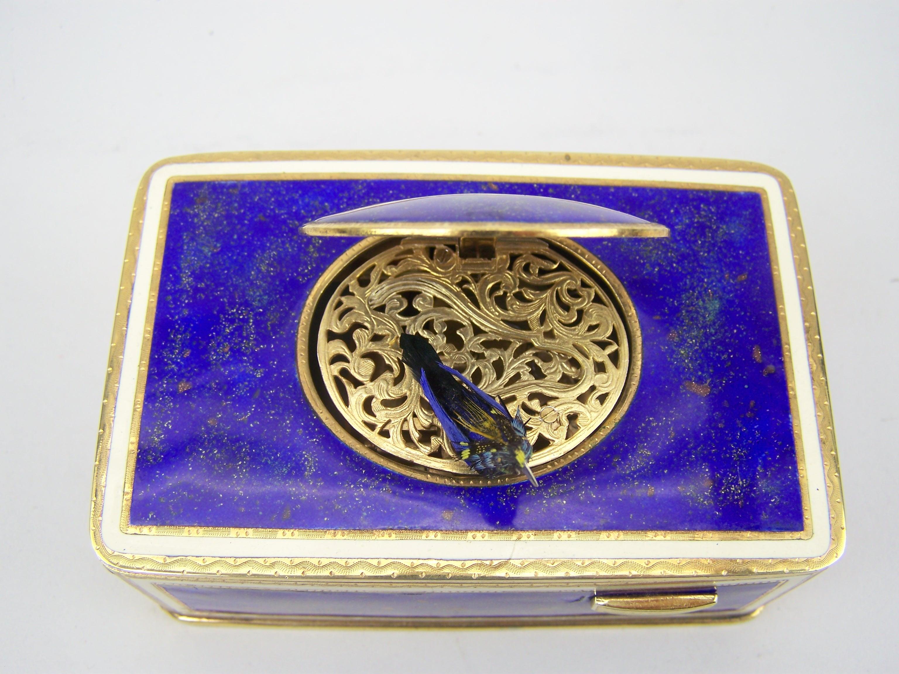 Singing bird box by K Griesbaum in guilded case and blue-goldflaked enamel 8
