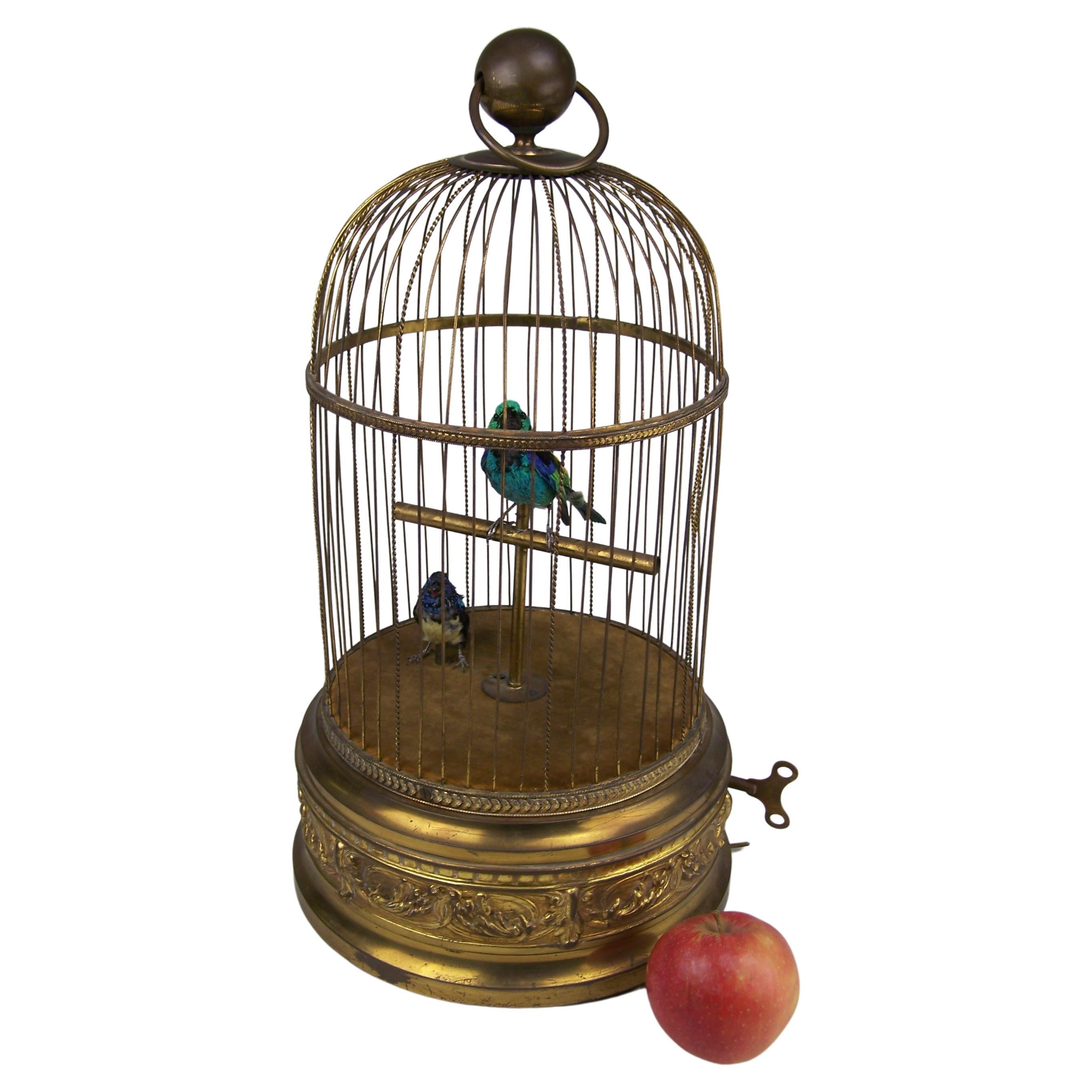 Singing Bird Cage by Bontems with 2 birds For Sale