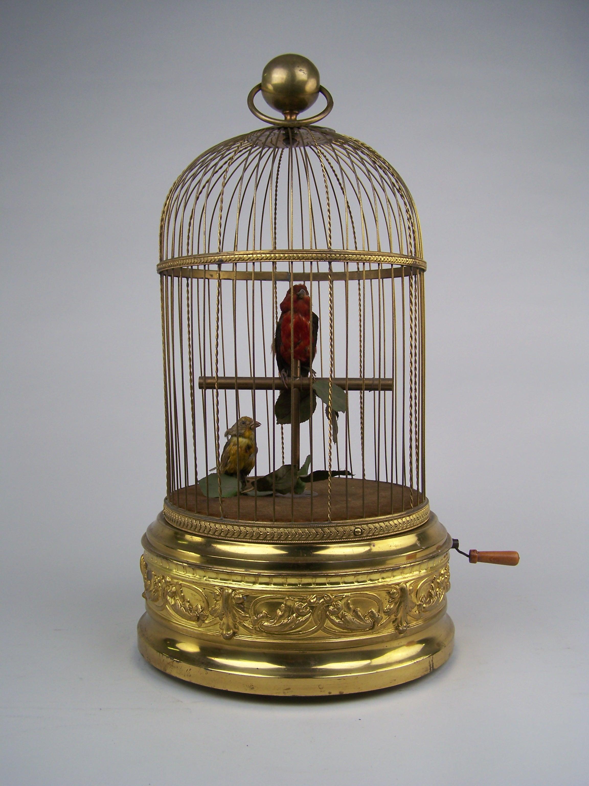 Metal Singing Bird Cage with 2 birds by Bontems  For Sale