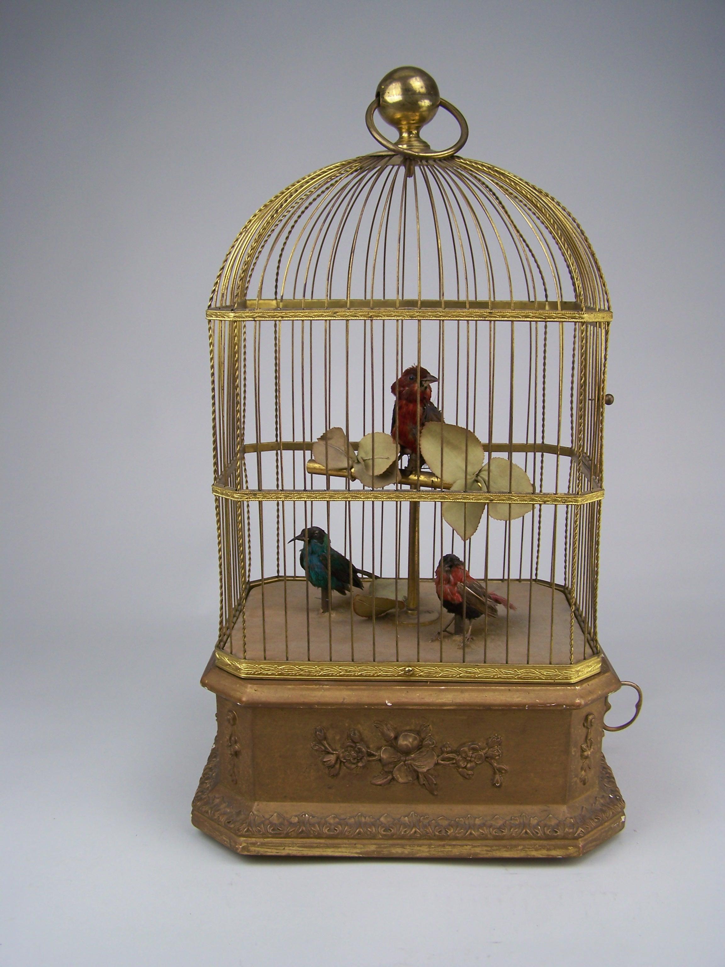 Late Victorian Singing Bird Cage with 3 birds by Bontems 