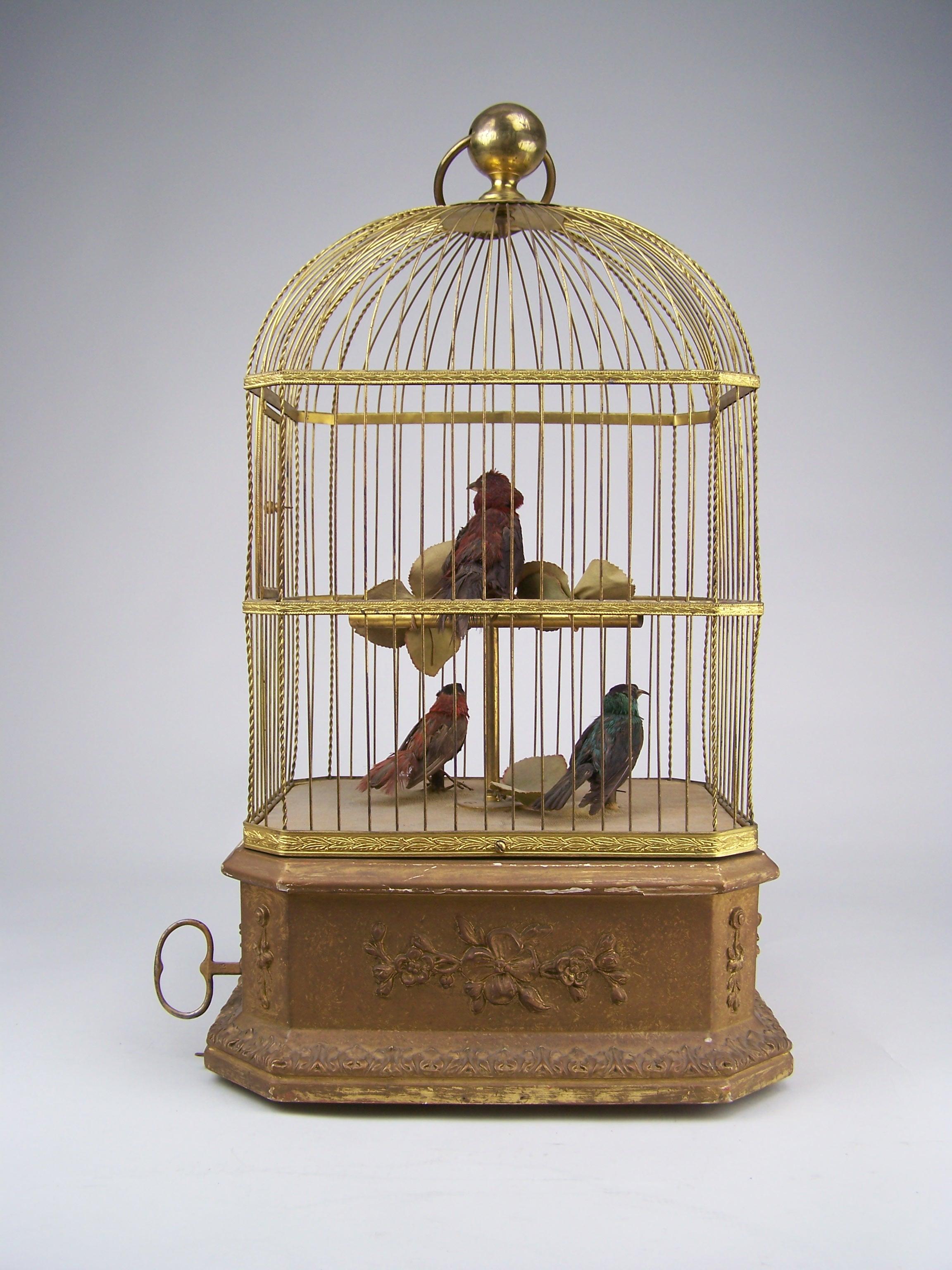 French Singing Bird Cage with 3 birds by Bontems 