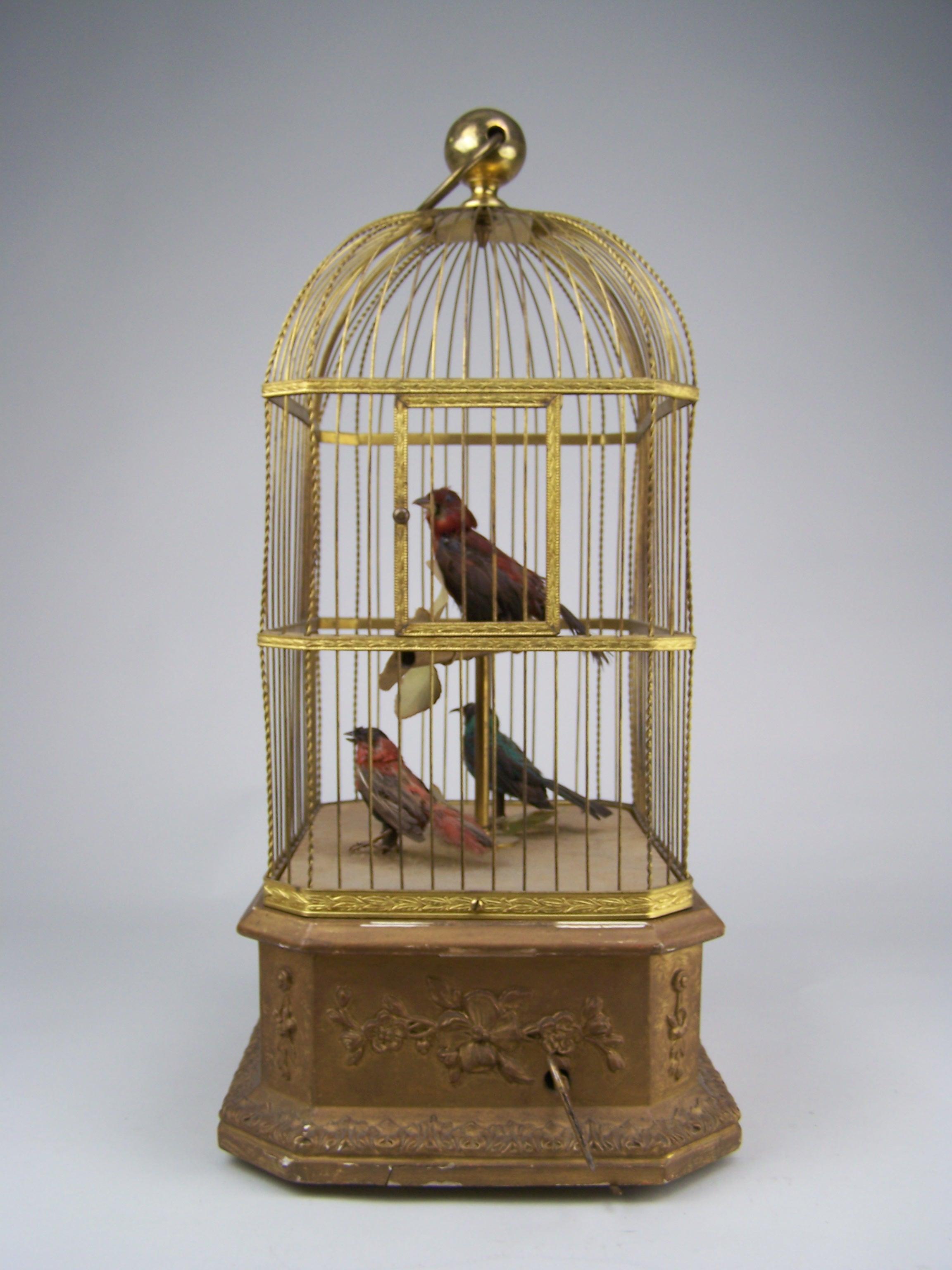 Gilt Singing Bird Cage with 3 birds by Bontems 
