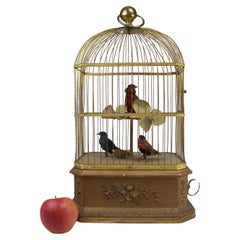 Antique Singing Bird Cage with 3 birds by Bontems 