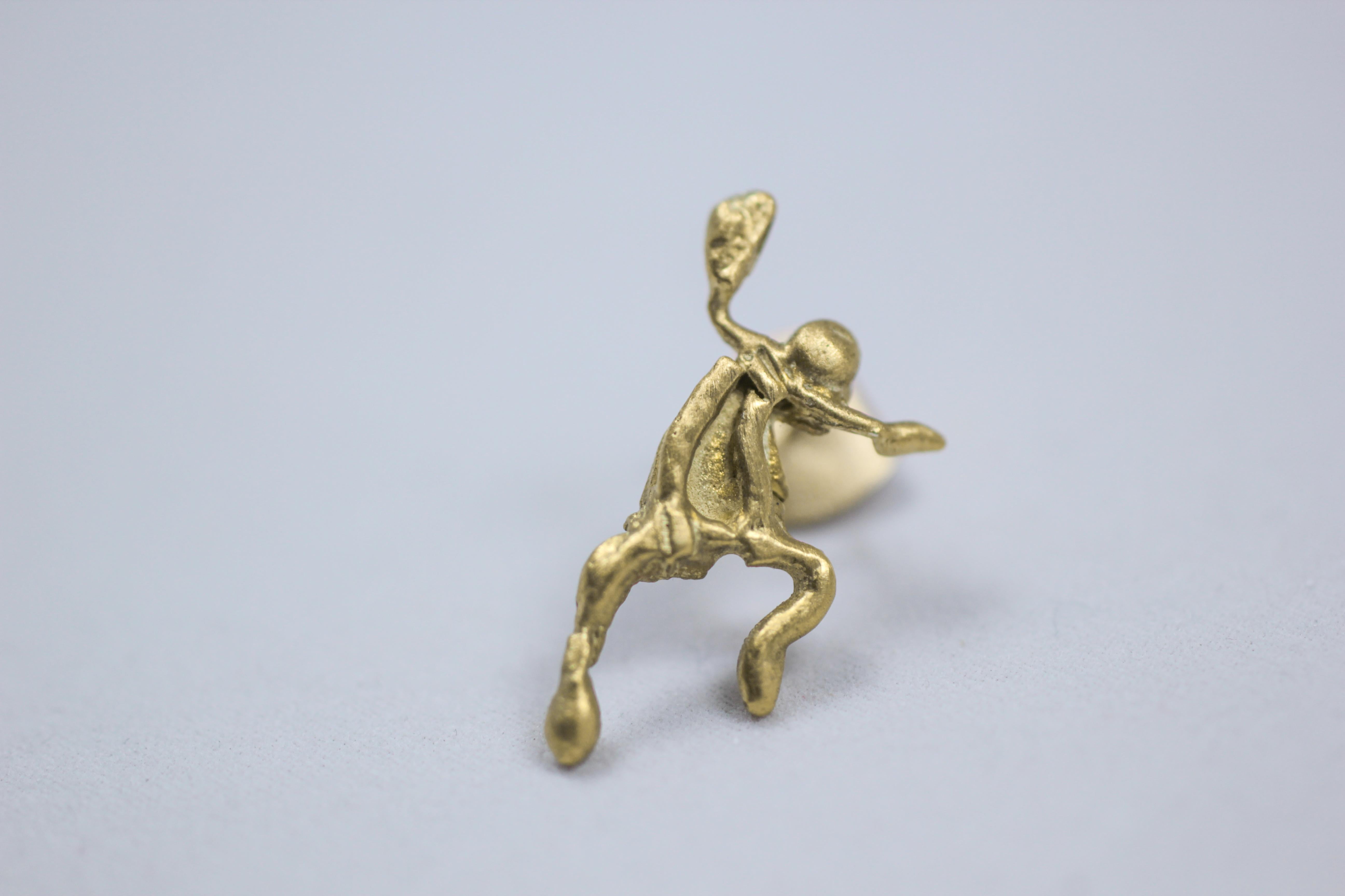DANCE. Whimsical, asymmetric impressionist style figurine, minimalist single stud earring in 18k Gold. Show your sense of humor with this comfortable sculpture earring while making a stylish statement. Unisex.

Process: These earrings are first hand