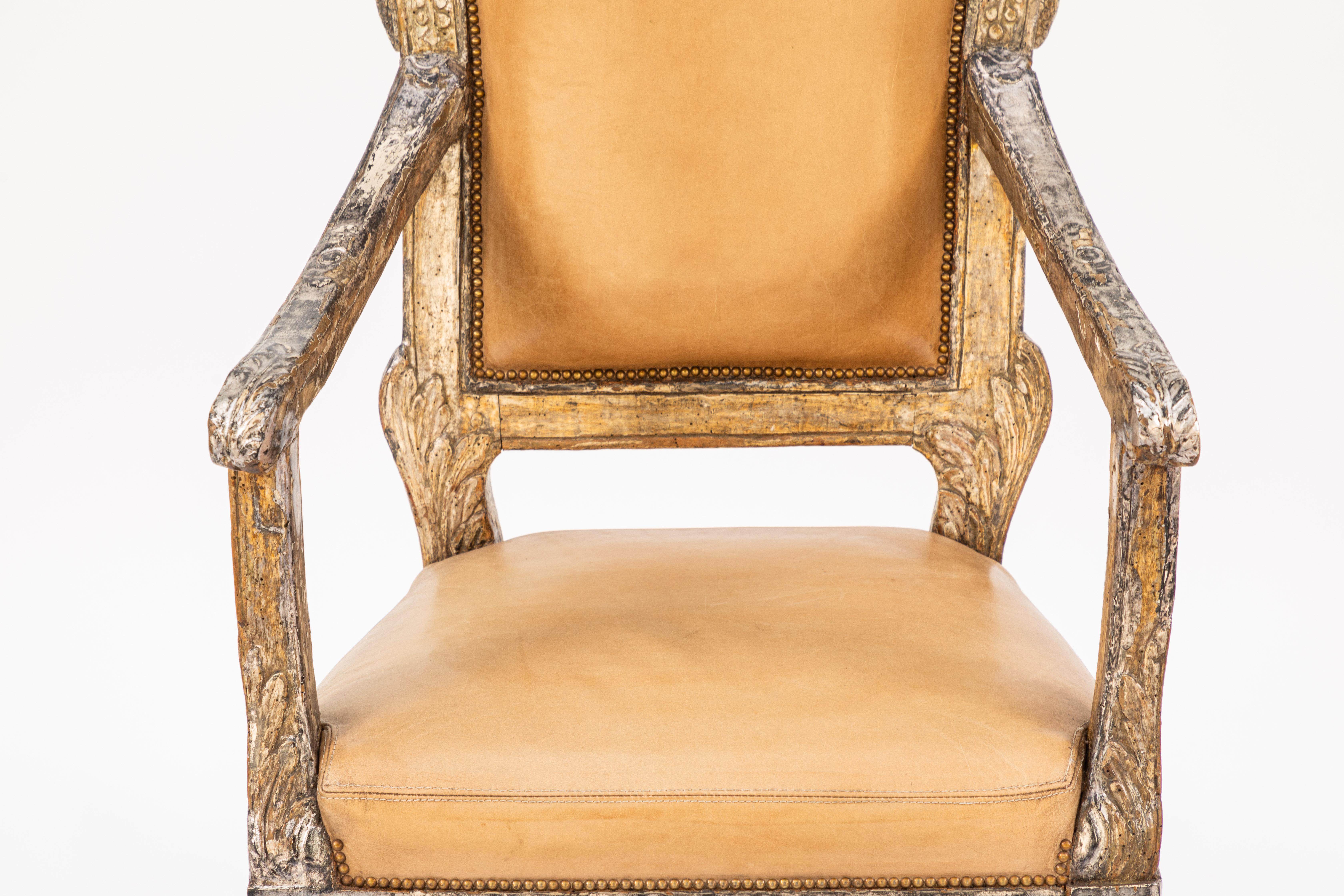 Hand-Carved Single 18th Century Italian Silver Leaf Armchair For Sale