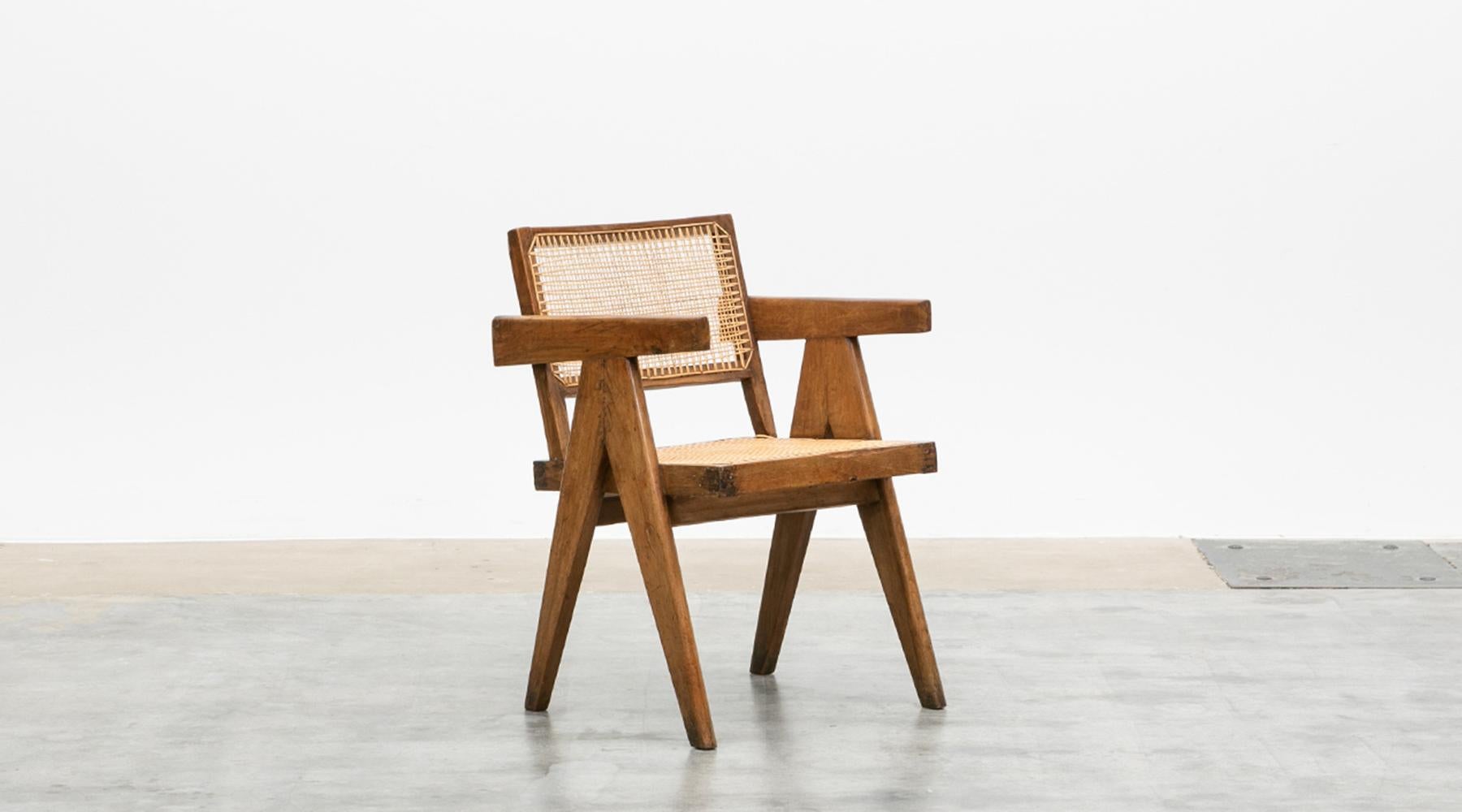Single 1950s Brown Wooden Teak and Cane Chair by Pierre Jeanneret 1