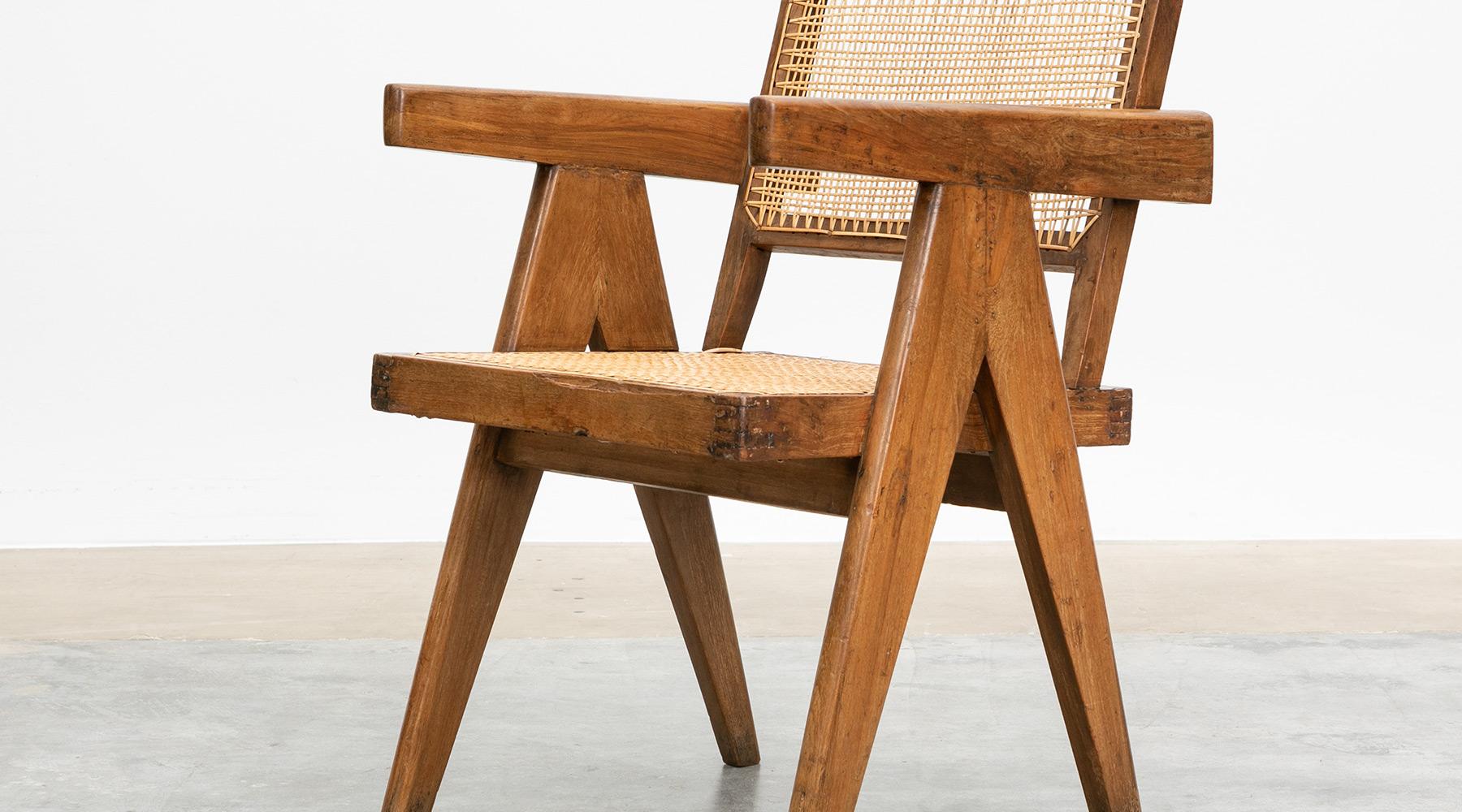 Single 1950s Brown Wooden Teak and Cane Chair by Pierre Jeanneret 3