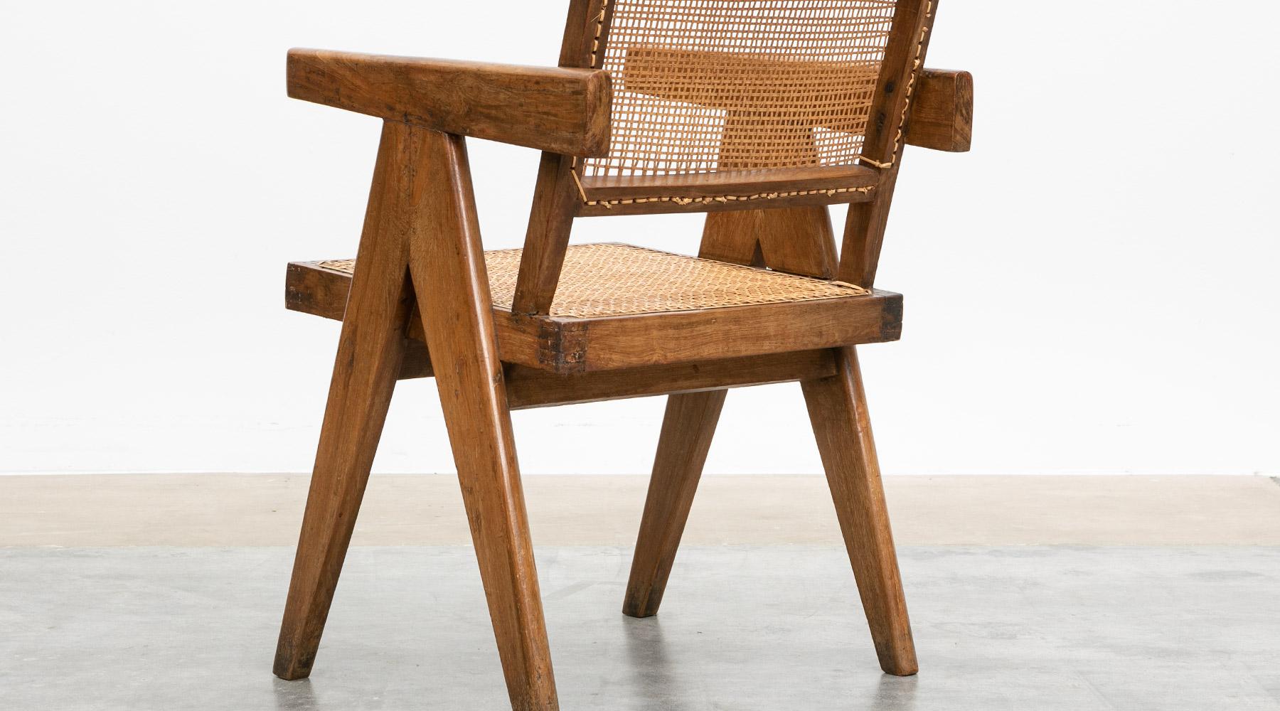 Single 1950s Brown Wooden Teak and Cane Chair by Pierre Jeanneret 4