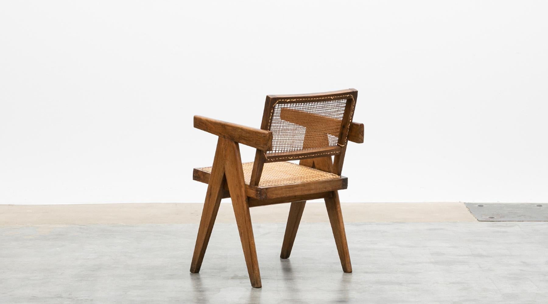 Mid-Century Modern Single 1950s Brown Wooden Teak and Cane Chair by Pierre Jeanneret