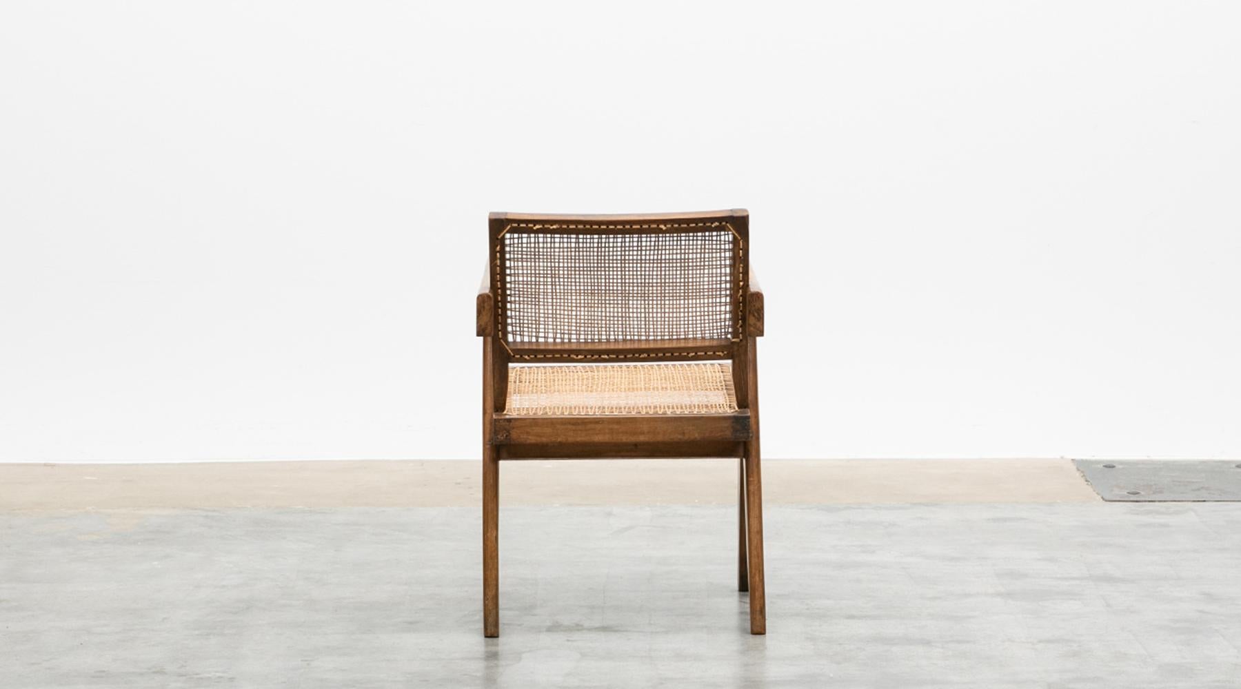 Indian Single 1950s Brown Wooden Teak and Cane Chair by Pierre Jeanneret