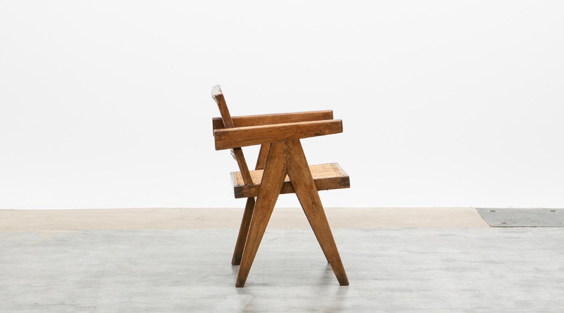 Mid-20th Century Single 1950s Brown Wooden Teak and Cane Chair by Pierre Jeanneret