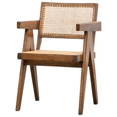 Single 1950s Brown Wooden Teak and Cane Chair by Pierre Jeanneret